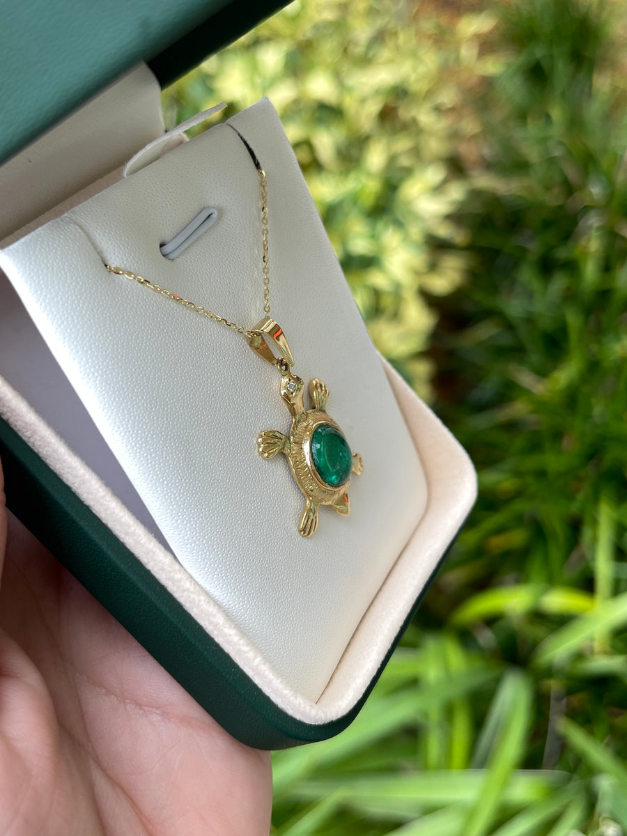 4.65tcw Colombian Emerald Cabochon Cut & Diamond Turtle Pendant Charm 18K Yellow Gold Necklace