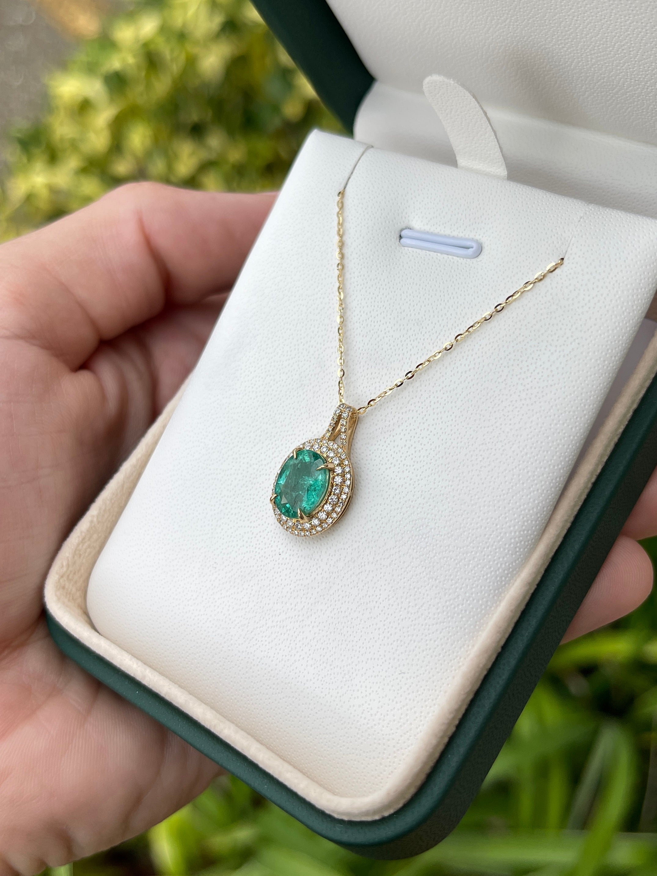 2.84tcw Natural Emerald-Oval Cut & Diamond Double Halo Necklace 14K - JR Colombian Emeralds