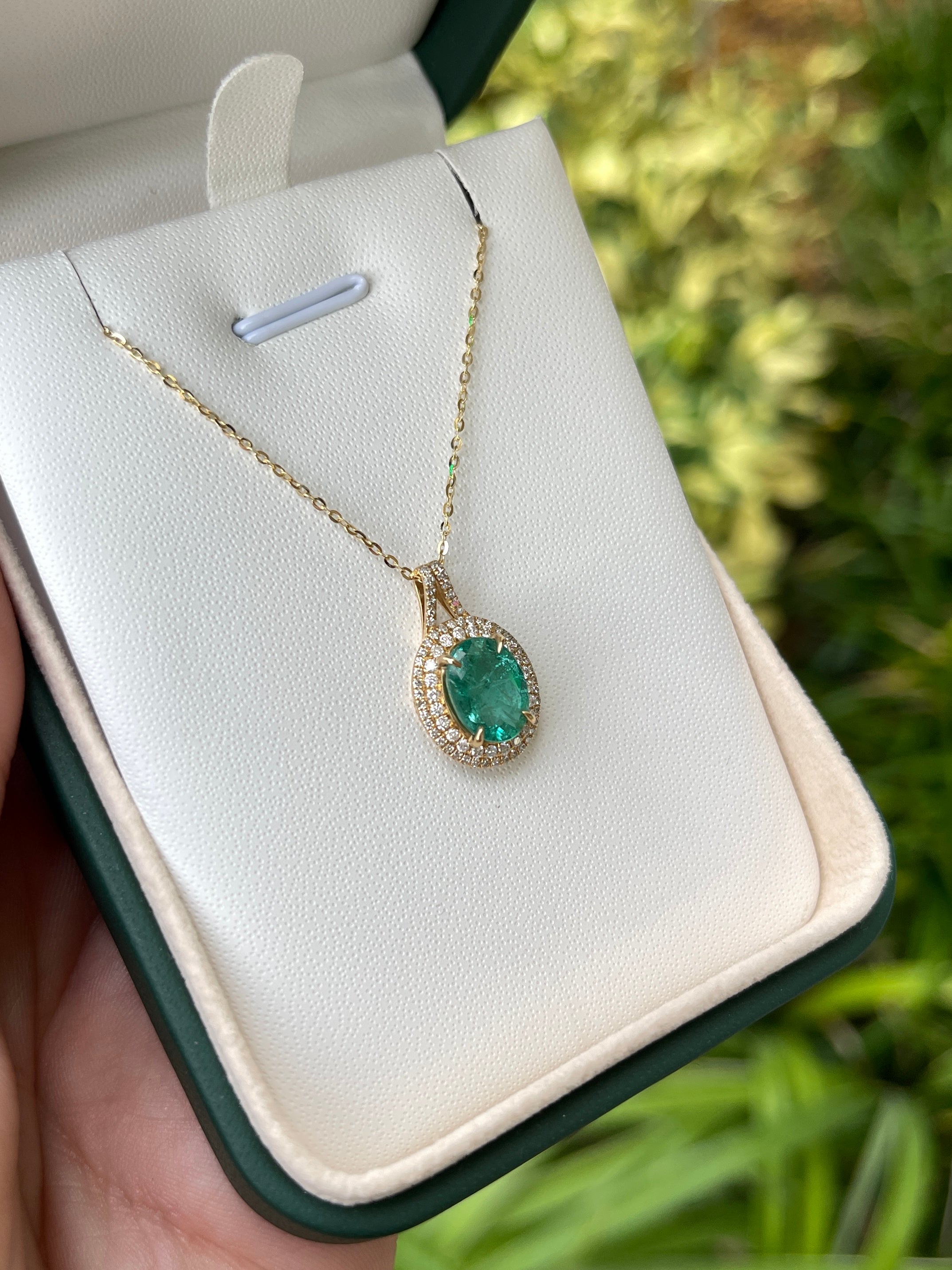 2.84tcw Natural Emerald-Oval Cut & Diamond Double Halo Necklace 14K - JR Colombian Emeralds