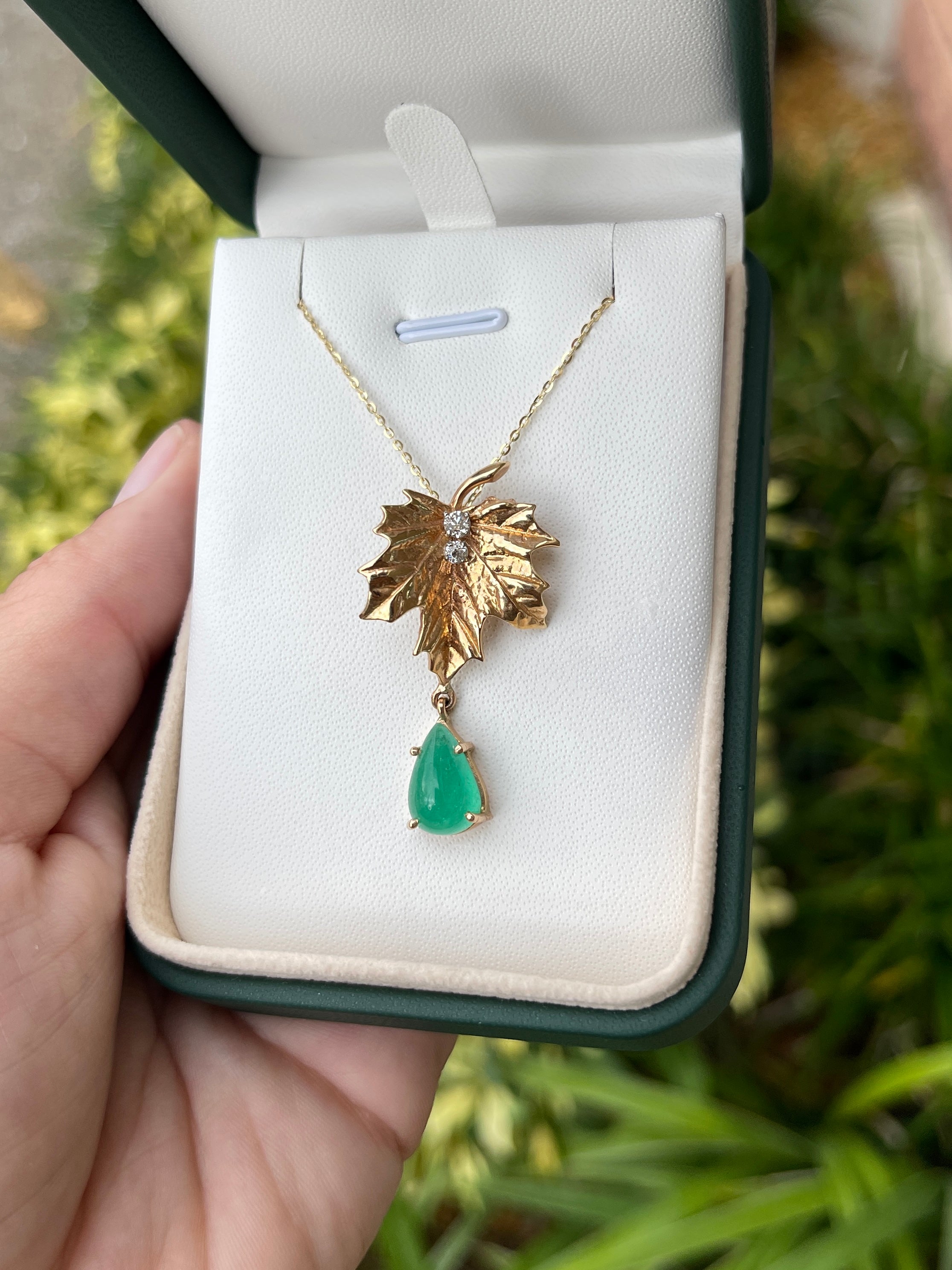 4.05tcw Maple Leaf Emerald & Diamond 14K Unique Drop Pendant - JR Colombian Emeralds