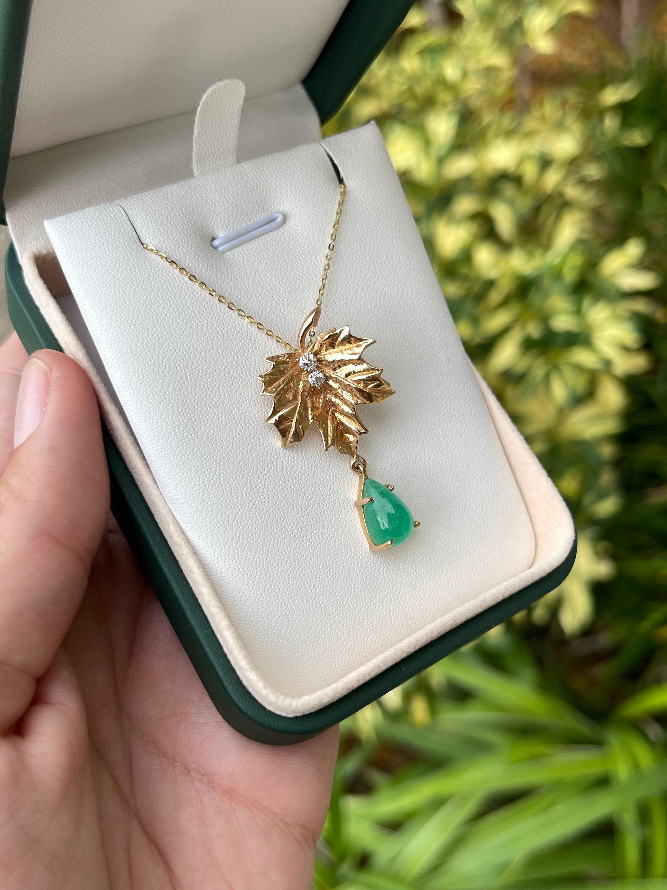 4.05tcw Maple Leaf Emerald & Diamond 14K Unique Drop Pendant - JR Colombian Emeralds