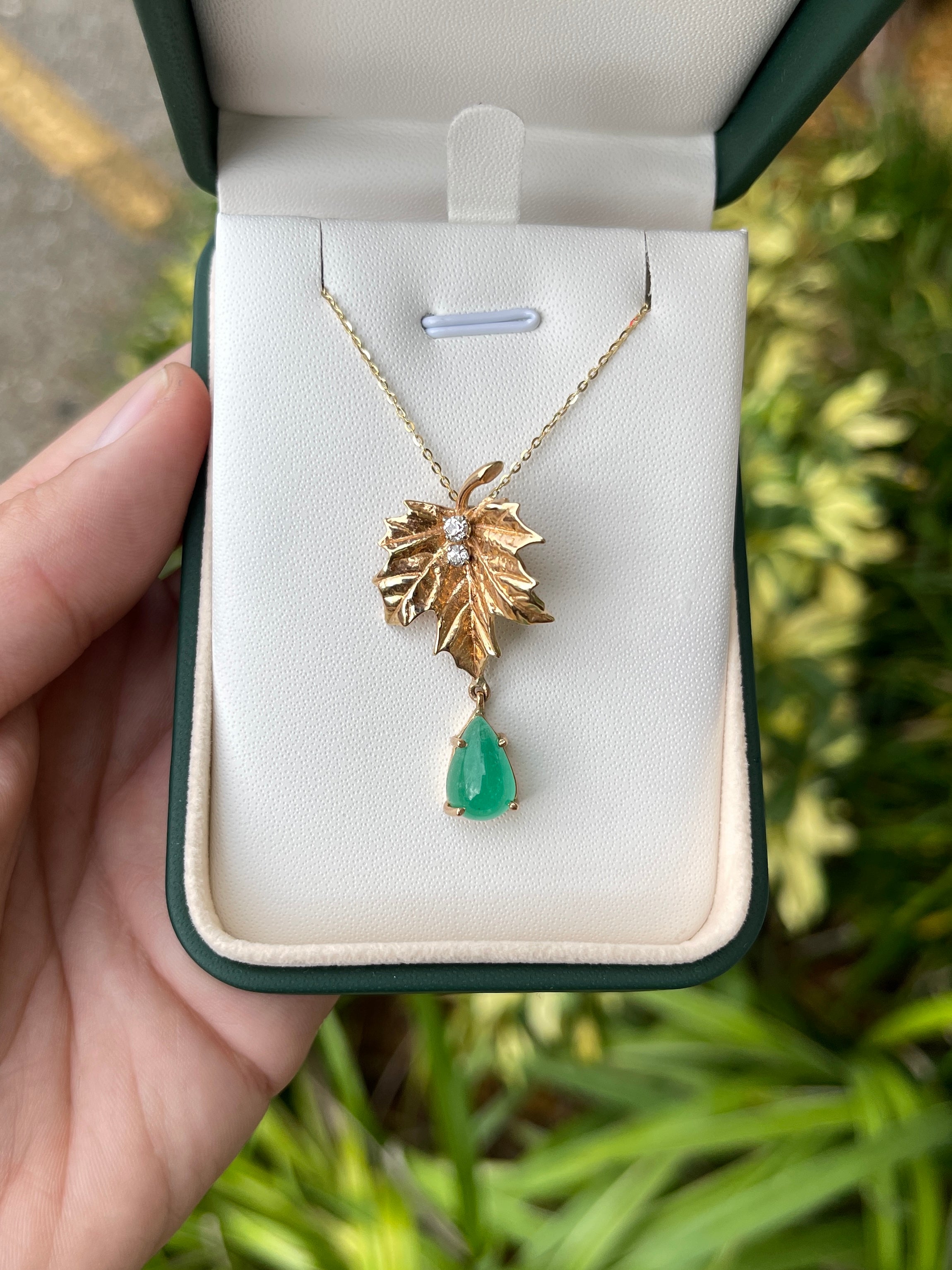 4.05tcw Maple Leaf Emerald & Diamond 14K Unique Drop Pendant - JR Colombian Emeralds