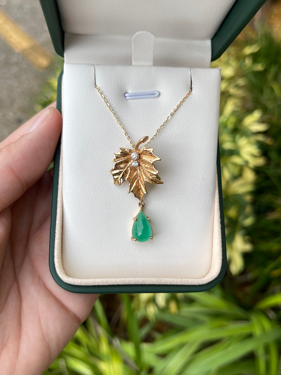 4.05tcw Maple Leaf Emerald & Diamond 14K Unique Drop Pendant