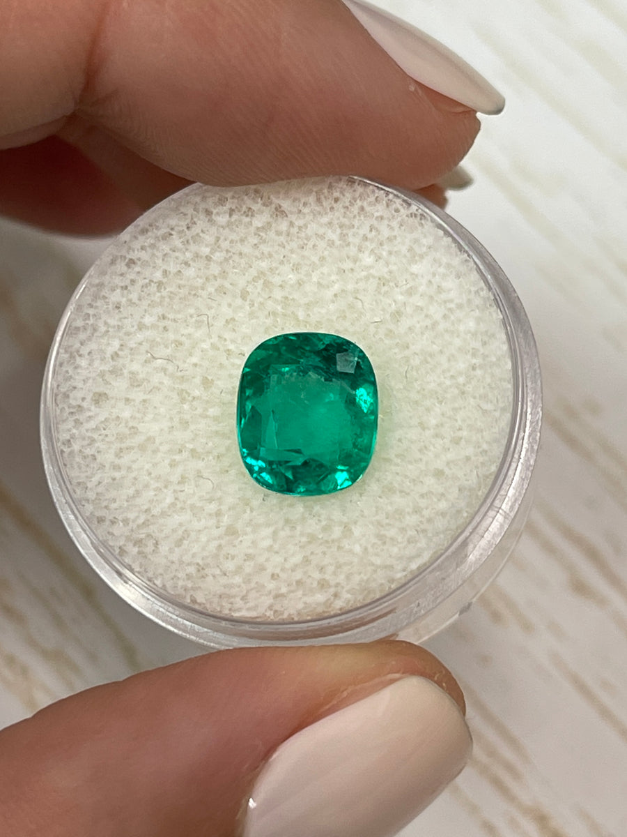 Elongated Cushion Cut 3.15 Carat Colombian Emerald with Vivid Bluish Green Certification
