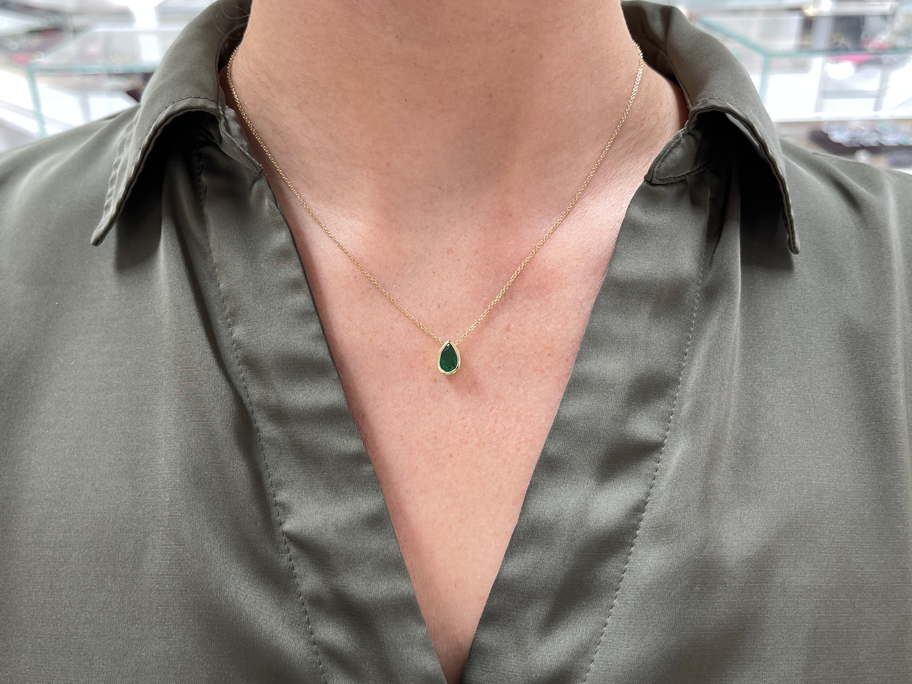 1.20 Carat Medium Rich Green Pear Cut Natural Emerald Bezel Slider Necklace 14K - JR Colombian Emeralds