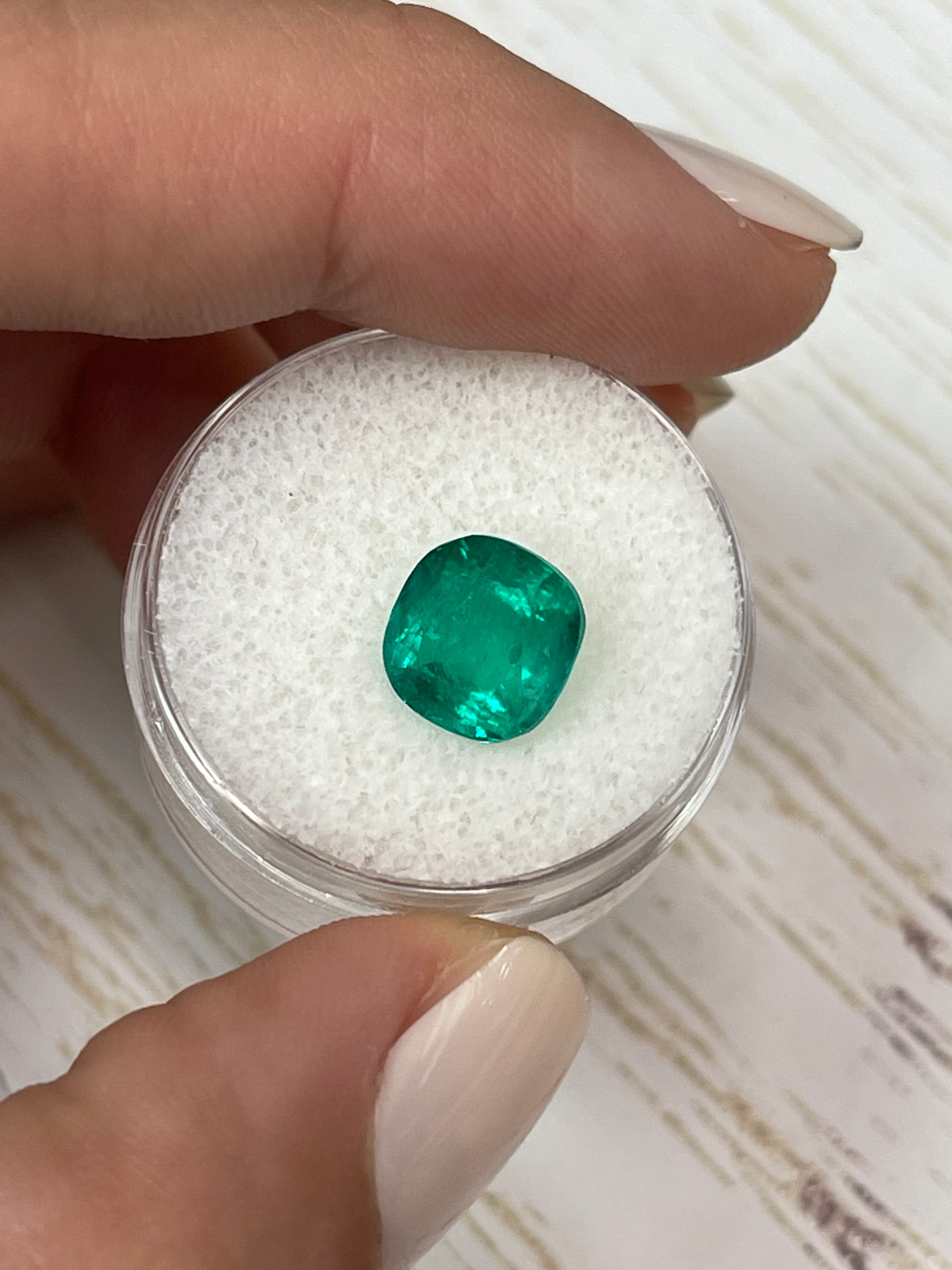 3.27 Carat Minor Oil 9x9 Vivid Muzo Green Natural Loose Colombian Emerald- Cushion Cut