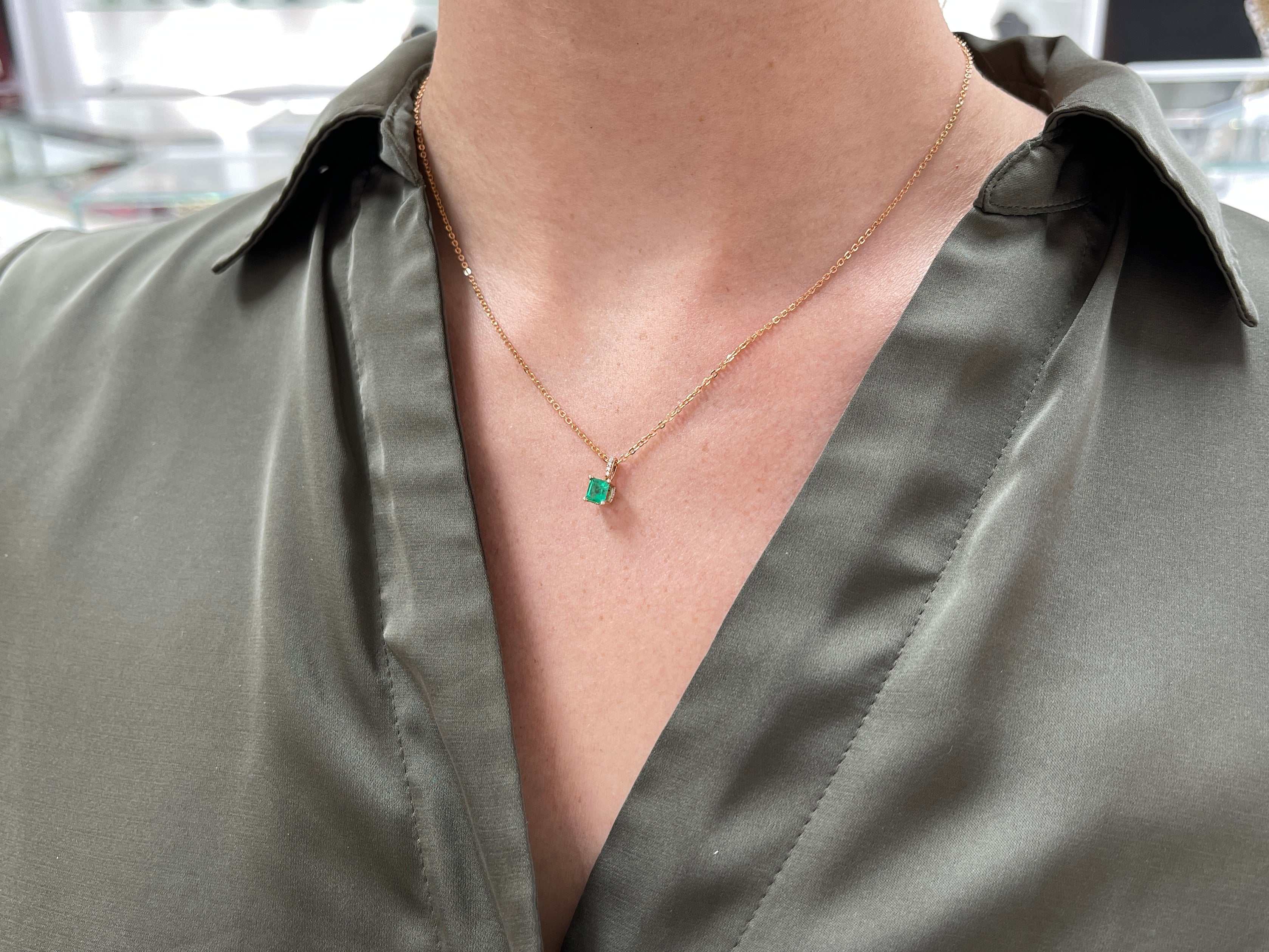 0.55tcw Petite Natural Emerald & Diamond Accent Rose Gold Necklace - JR Colombian Emeralds