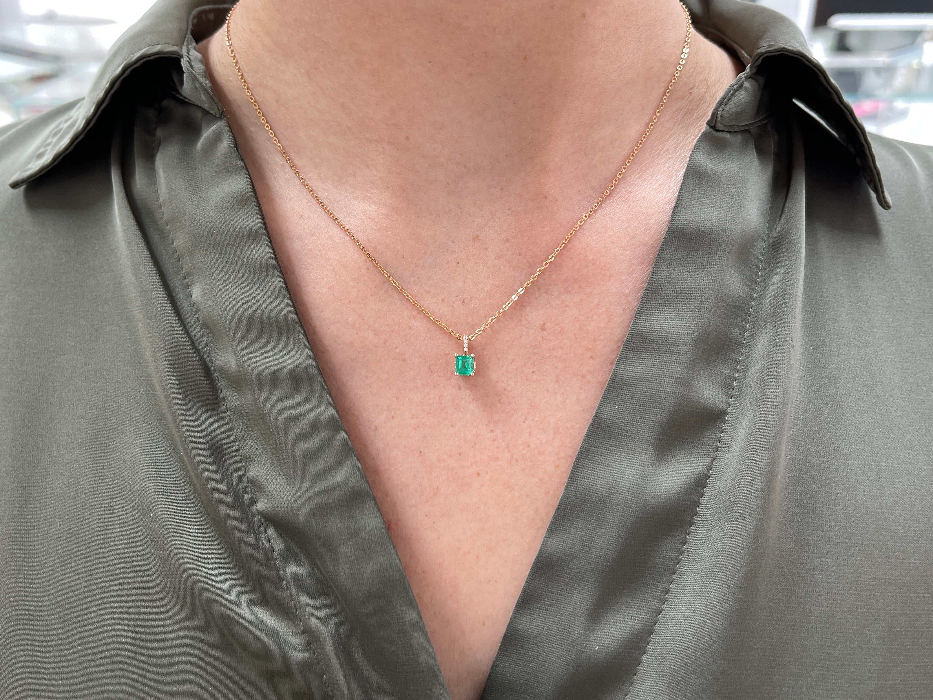 0.55tcw Petite Natural Emerald & Diamond Accent Rose Gold Necklace - JR Colombian Emeralds