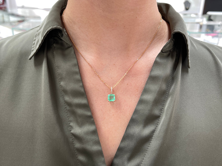 1.95tcw Asscher Colombian Emerald & Round Diamond Dangle Pendant 14K