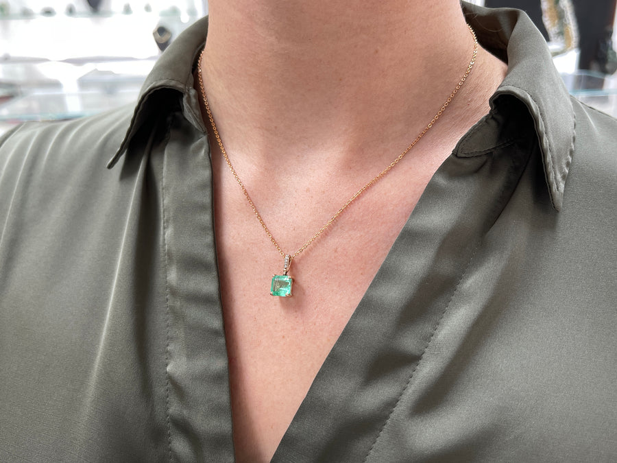 1.95tcw Asscher Colombian Emerald & Round Diamond Dangle Pendant 14K