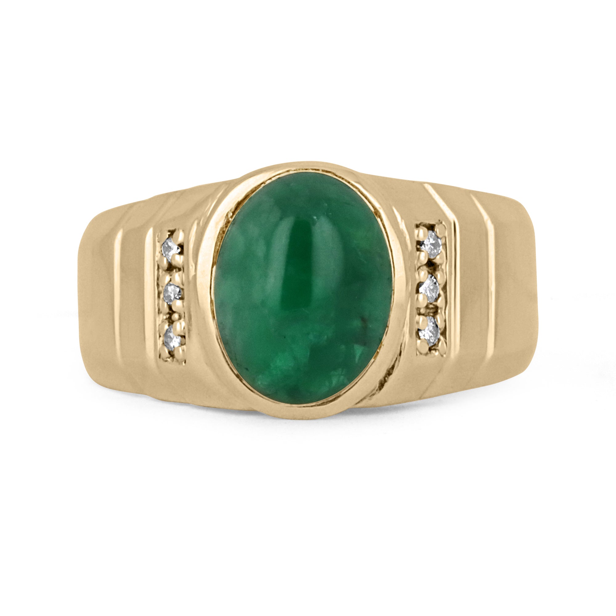 4.93tcw 14K Natural Emerald Cabochon Oval Cut Diamond Accent Mens Ring - JR Colombian Emeralds