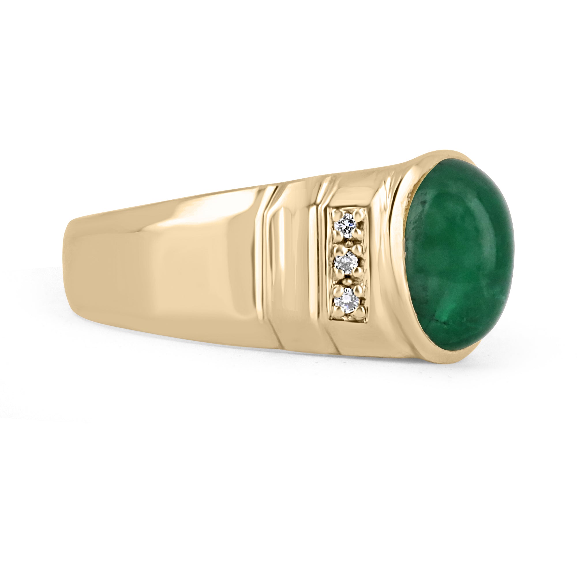 4.93tcw 14K Natural Emerald Cabochon Oval Cut Diamond Accent Mens Ring - JR Colombian Emeralds