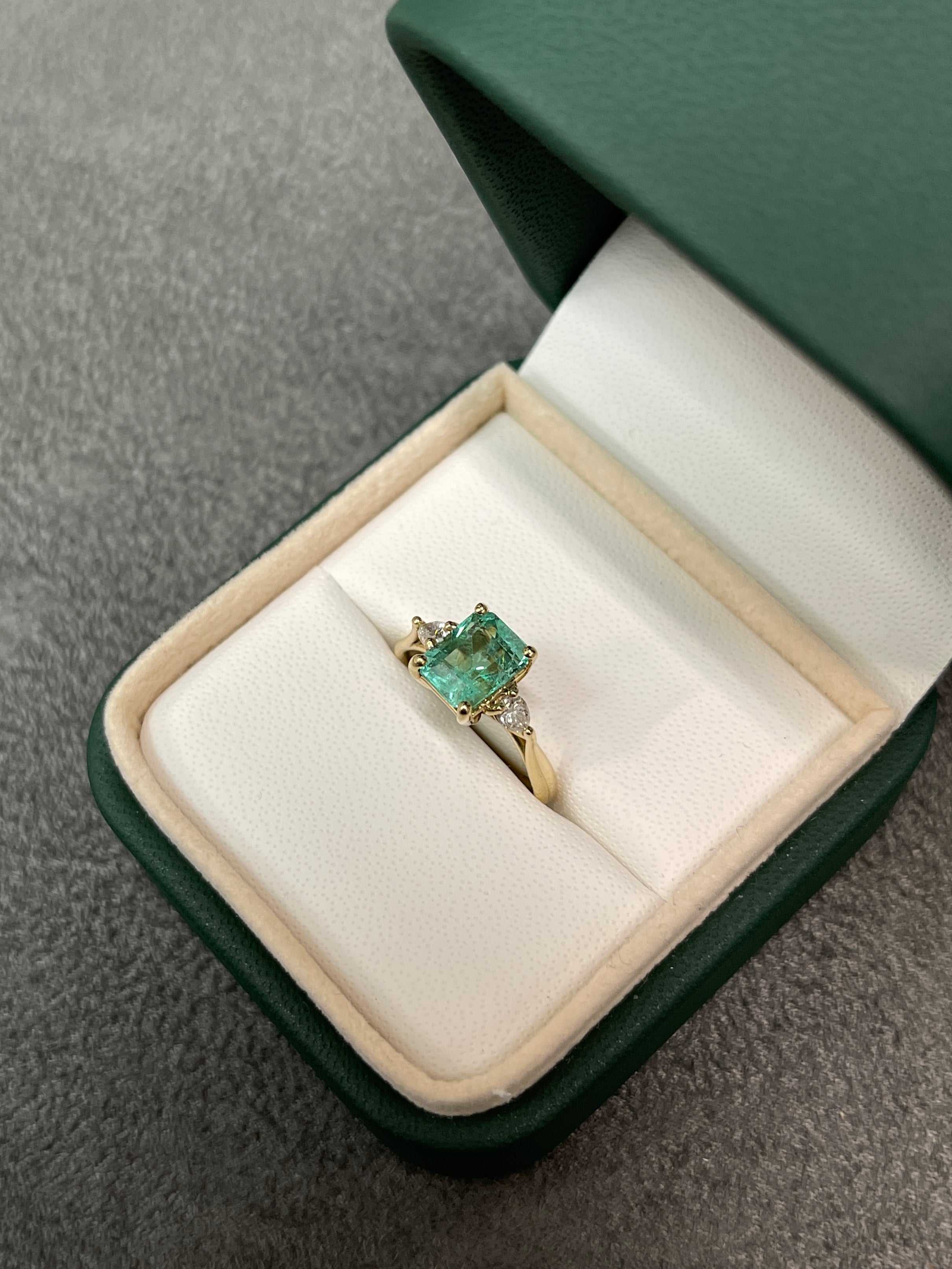 Emerald Three Stone Pear Diamond Ring 14K Yellow Gold