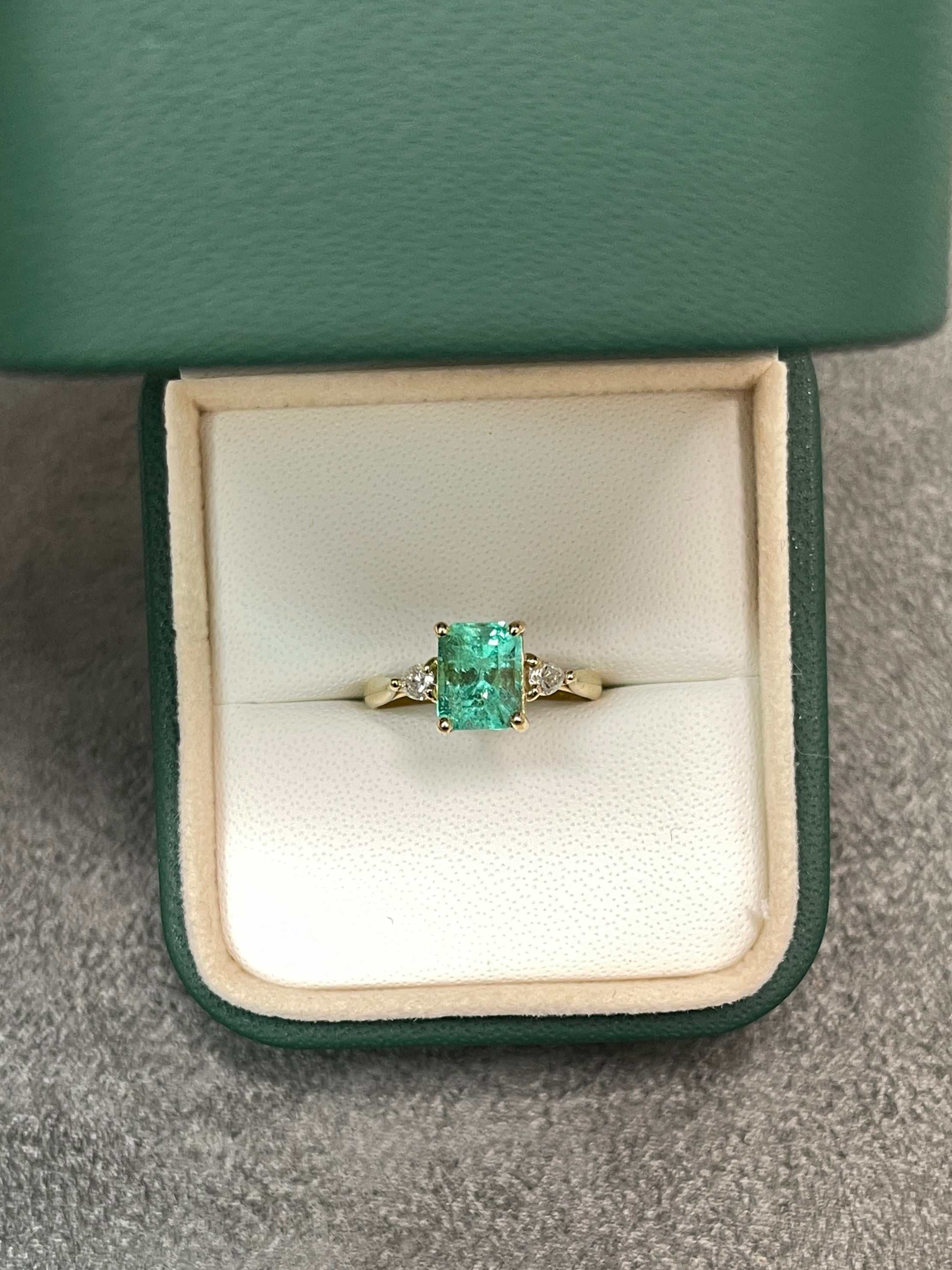 1.59tcw Emerald Three Stone Pear Diamond Ring 14K Yellow Gold