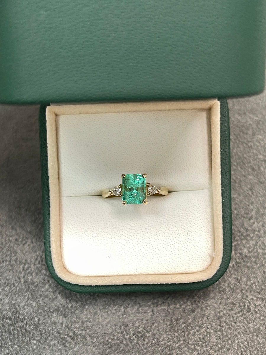 Emerald Three Stone Pear Diamond Ring 14K Yellow Gold