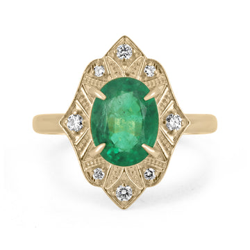 2.02tcw 18K Natural Emerald Oval Cut Diamond Accent Vintage Style Gold Ring