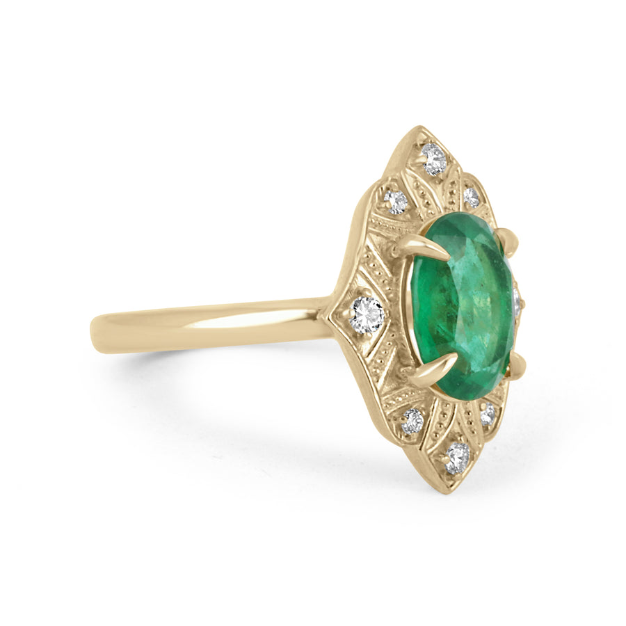 Contemporary 2.02tcw 18K Natural Emerald Oval Cut Diamond Accent Vintage Style Gold Ring