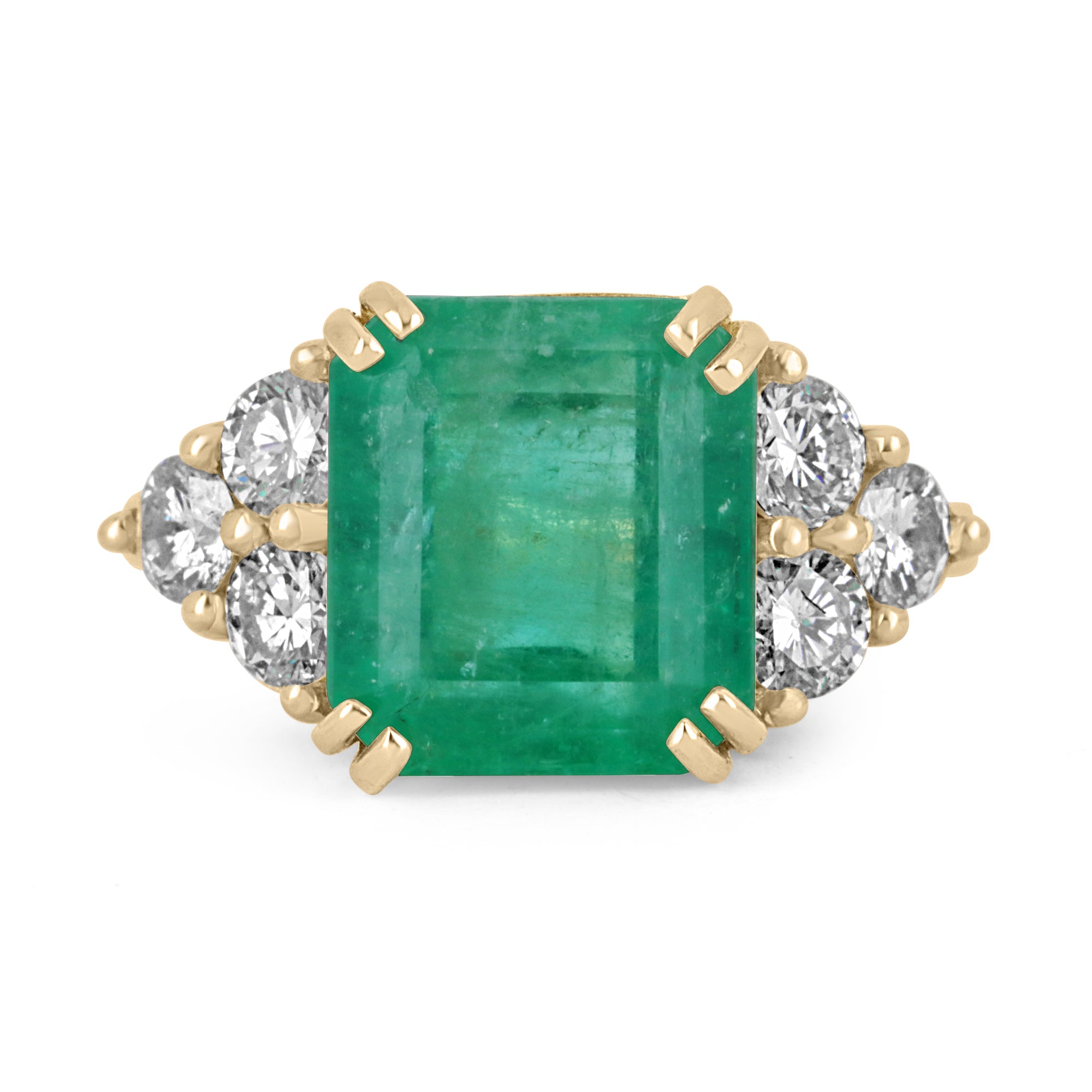 7.61tcw 18K Colombian Emerald & Diamond Accent Three Stone Engagement Ring - JR Colombian Emeralds