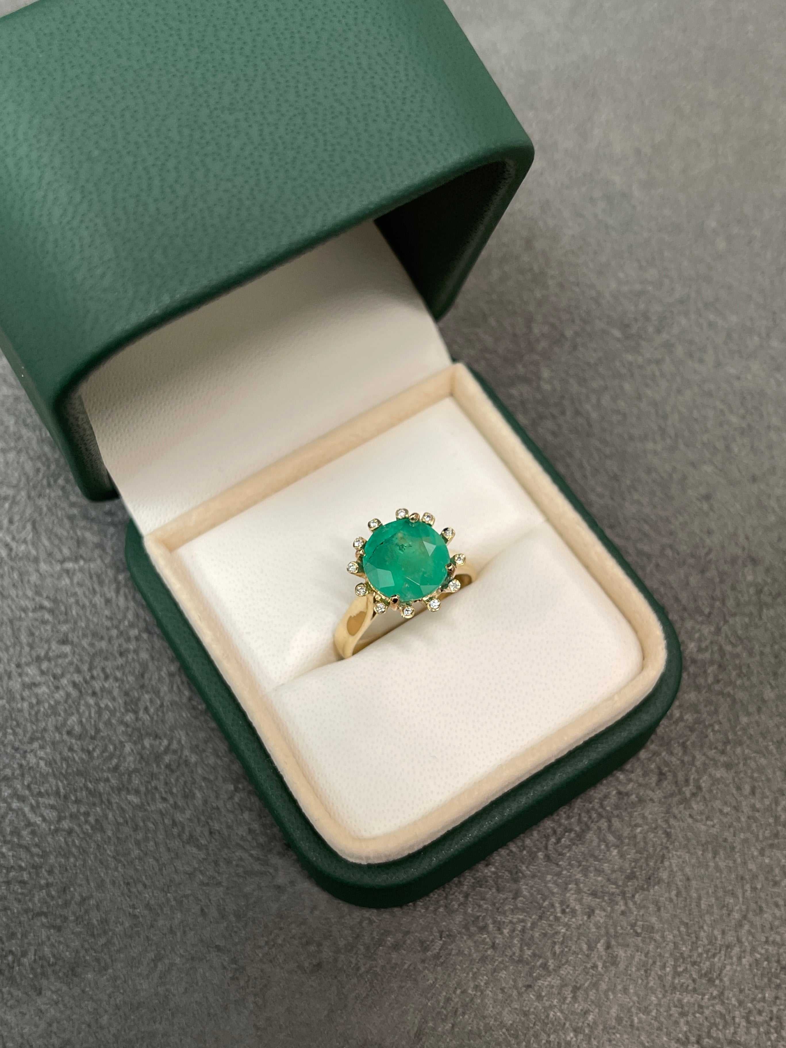  Emerald and Diamond Brilliant Round Halo Statement Ring 14K Yellow Gold