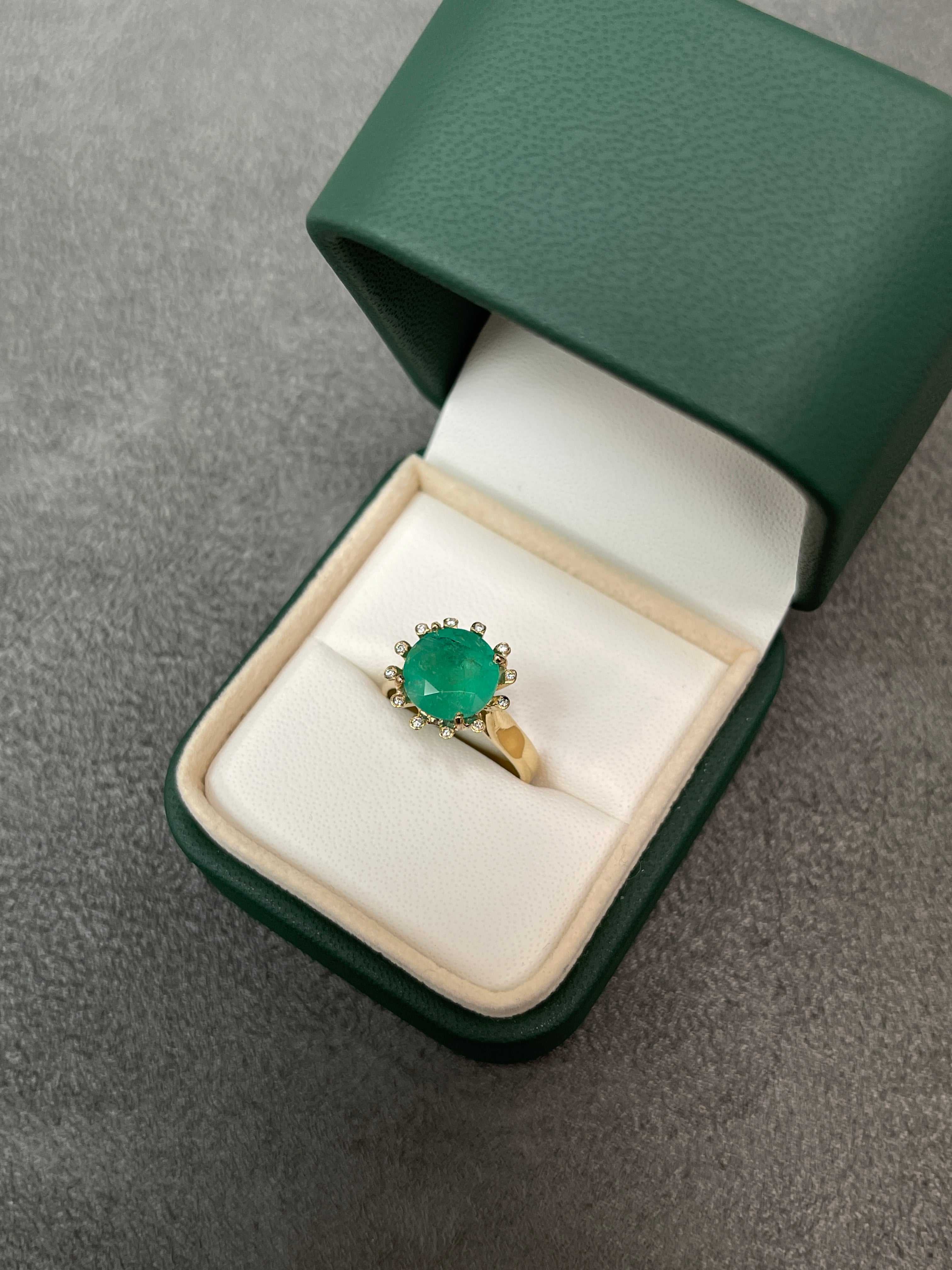  Emerald and Diamond Brilliant Round Halo Statement Ring 14K Yellow Gold