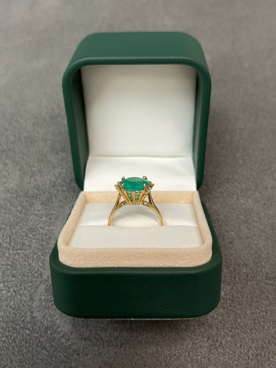  Emerald and Diamond Brilliant Round Halo Statement Ring 14K Yellow Gold