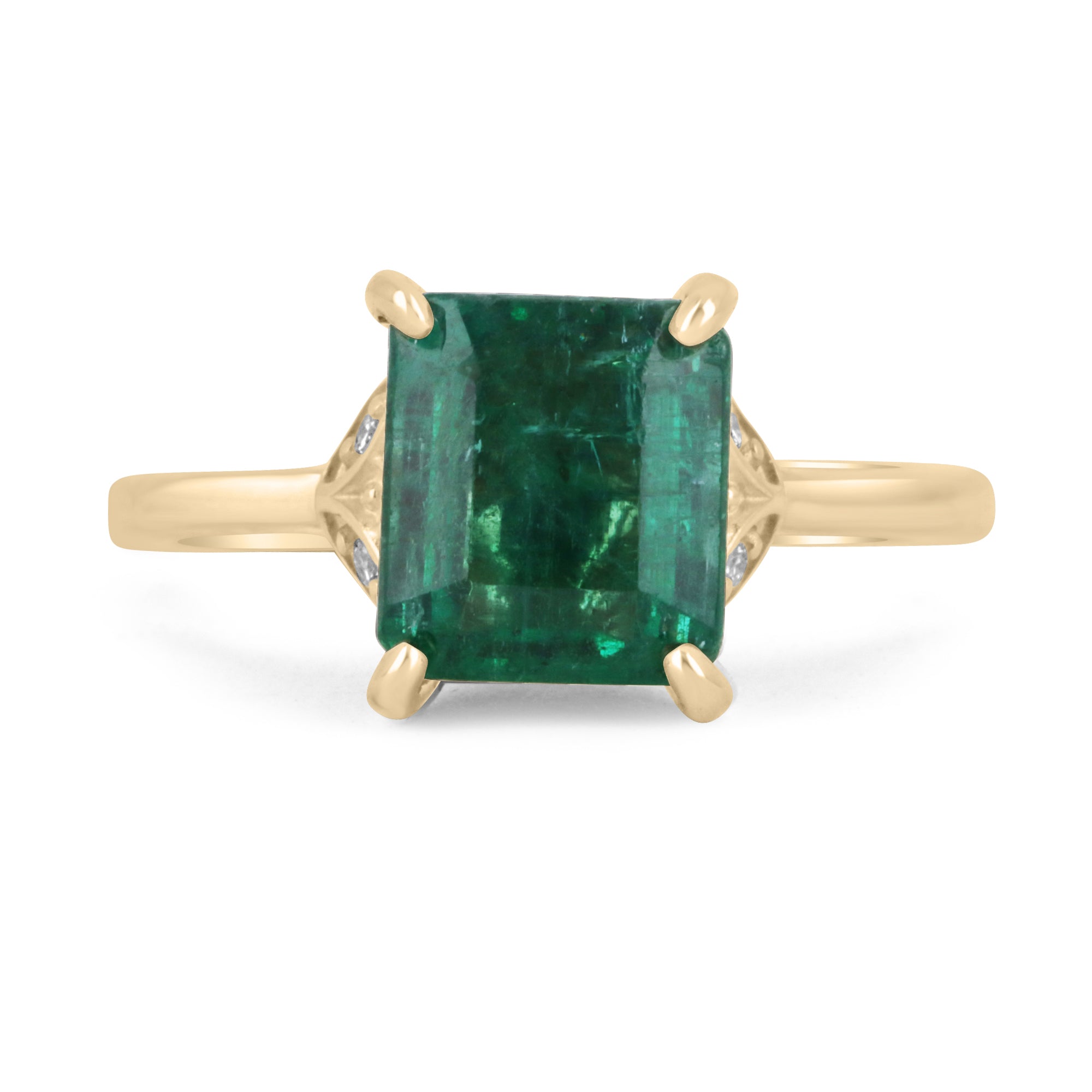 3.51tcw 14K Natural Emerald Cut & Diamond Accent Floral Engagement Ring - JR Colombian Emeralds