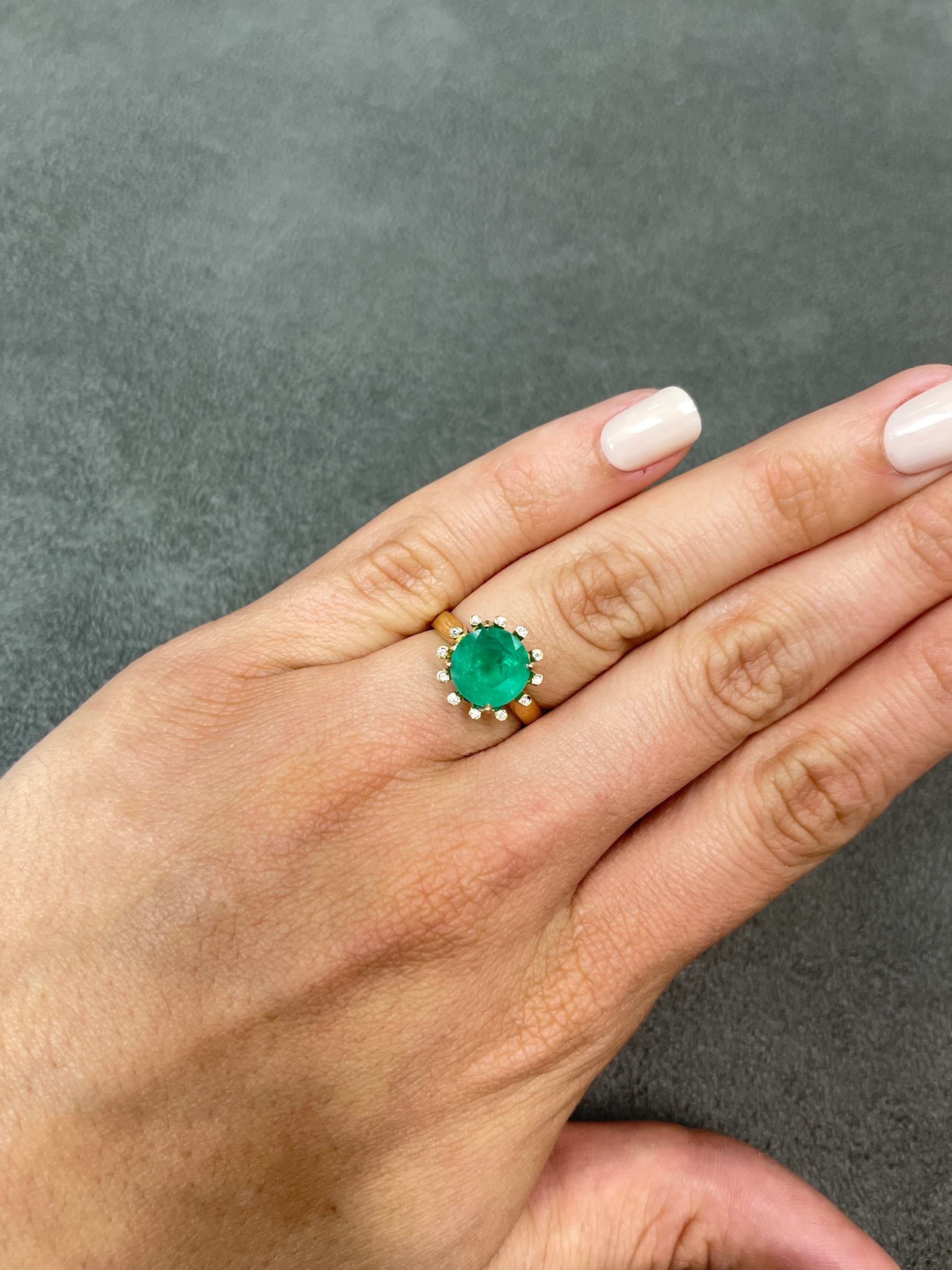  Emerald and Diamond Brilliant Round Halo Statement Rin