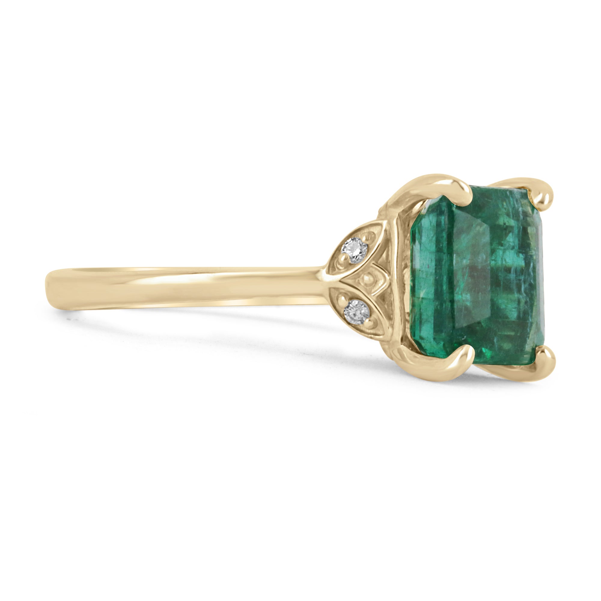 3.51tcw 14K Natural Emerald Cut & Diamond Accent Floral Engagement Ring - JR Colombian Emeralds