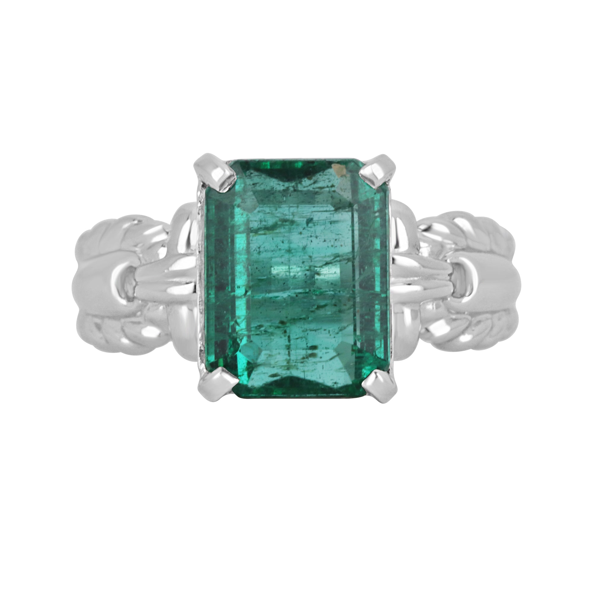 3.59 Carat Natural Emerald Cut Solitaire Vintage Style Ring Platinum - JR Colombian Emeralds