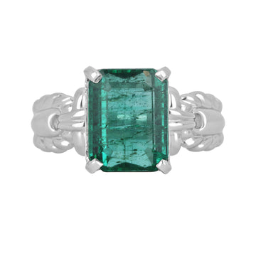 3.59 Carat Natural Emerald Cut Solitaire Vintage Style Ring Platinum
