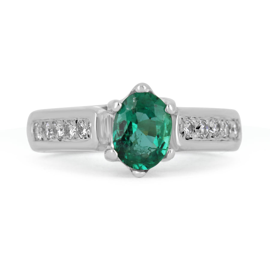 Natural Opulence: 1.0tcw 18K Natural Emerald Oval Cut Diamond Accent Engagement Ring