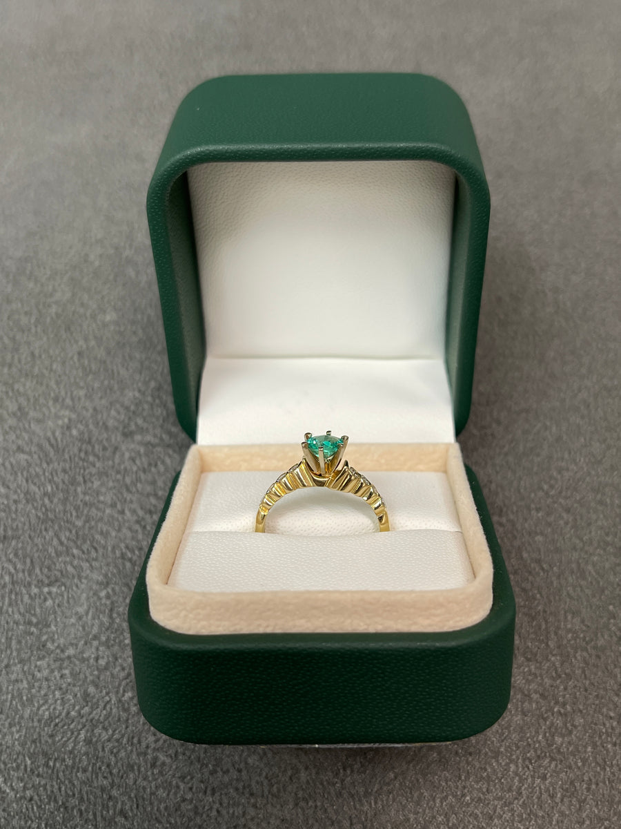 Celebrate Brilliance: 14K Gold Ring Featuring 0.97tcw Modern Round 6 Prong Emerald & Bezel Diamond