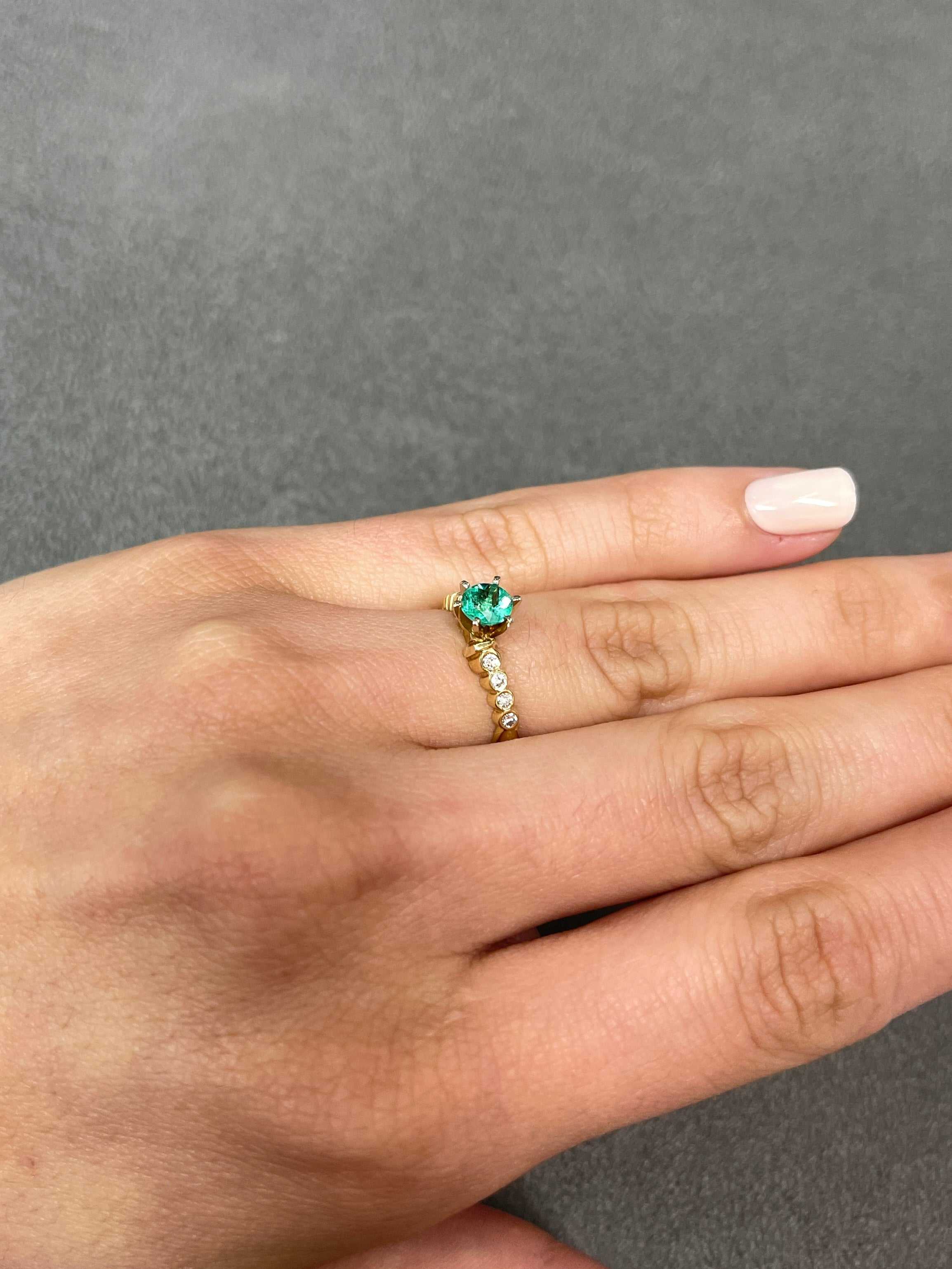 Modern Round 6 Prong Emerald & Bezel Diamond Bypass Ring