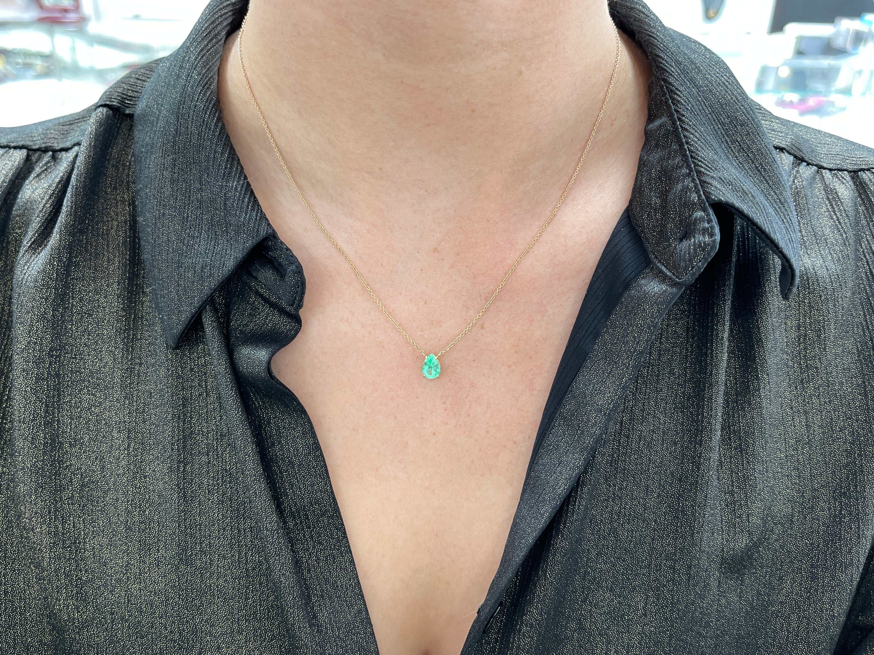 1.07 Carat Colombian Emerald Pear Solitaire Necklace 14K - JR Colombian Emeralds