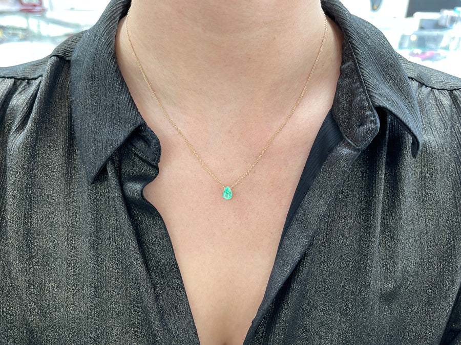 1.07 Carat Colombian Emerald Pear Solitaire Necklace 14K