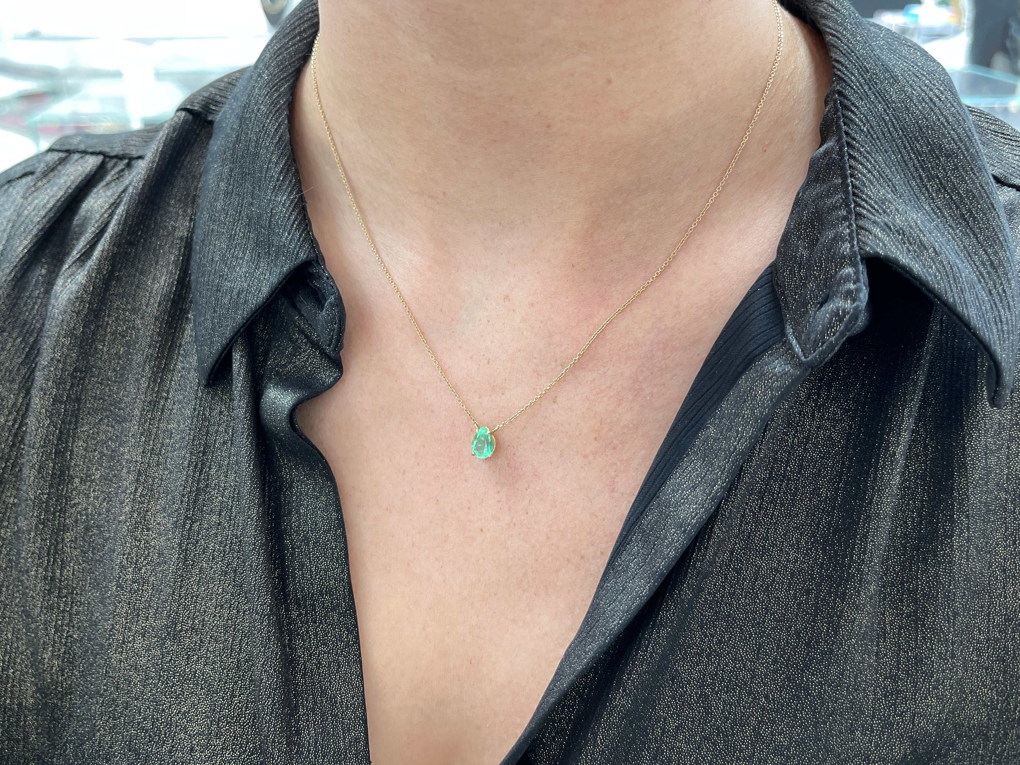 1.07 Carat Colombian Emerald Pear Solitaire Necklace 14K - JR Colombian Emeralds