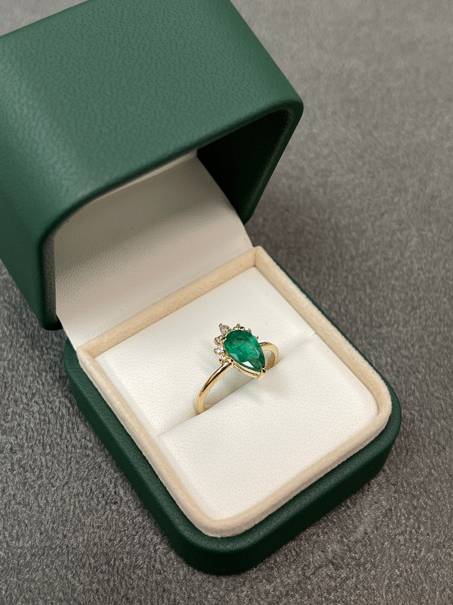 Radiant 14K Gold Ring with 1.51tcw Pear Shape Dark Green Emerald & Diamond Tiara - Timeless Charm