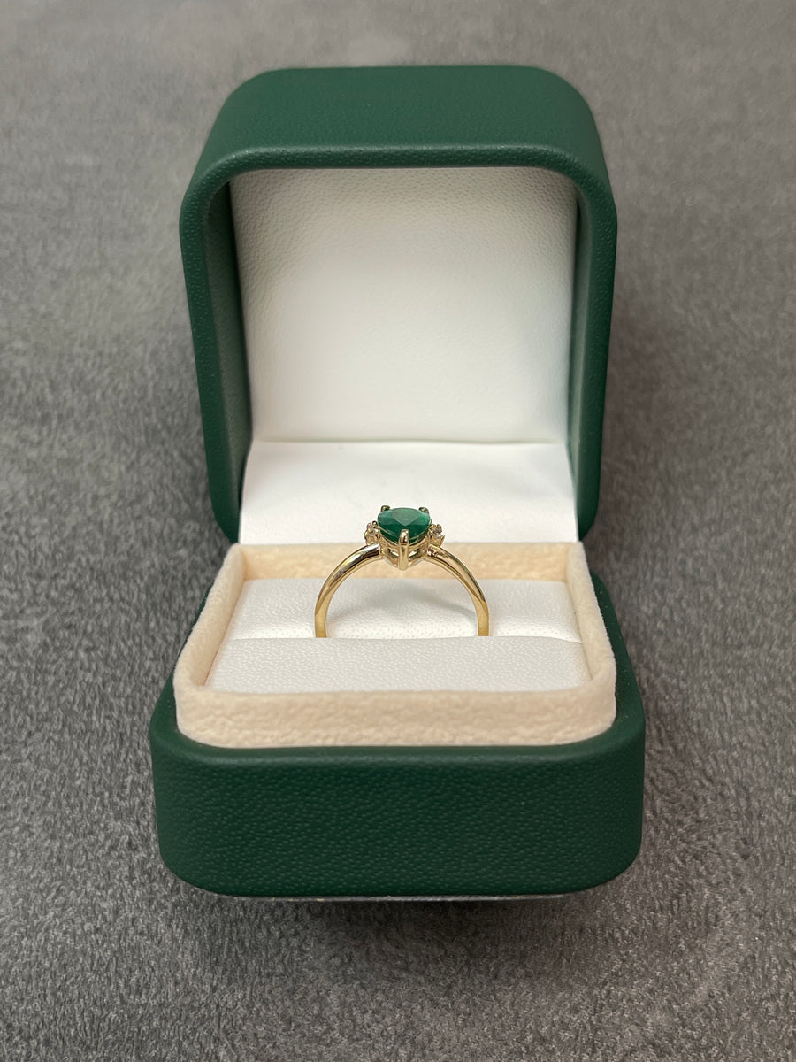 Celebrate Brilliance: 14K Gold Ring Featuring 1.51tcw Pear Shape Dark Green Emerald & Diamond Tiara