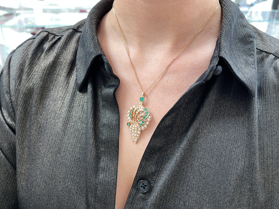 6.0tcw Victoria Emerald & Seed Pearl Pendan 14K Rose Gold