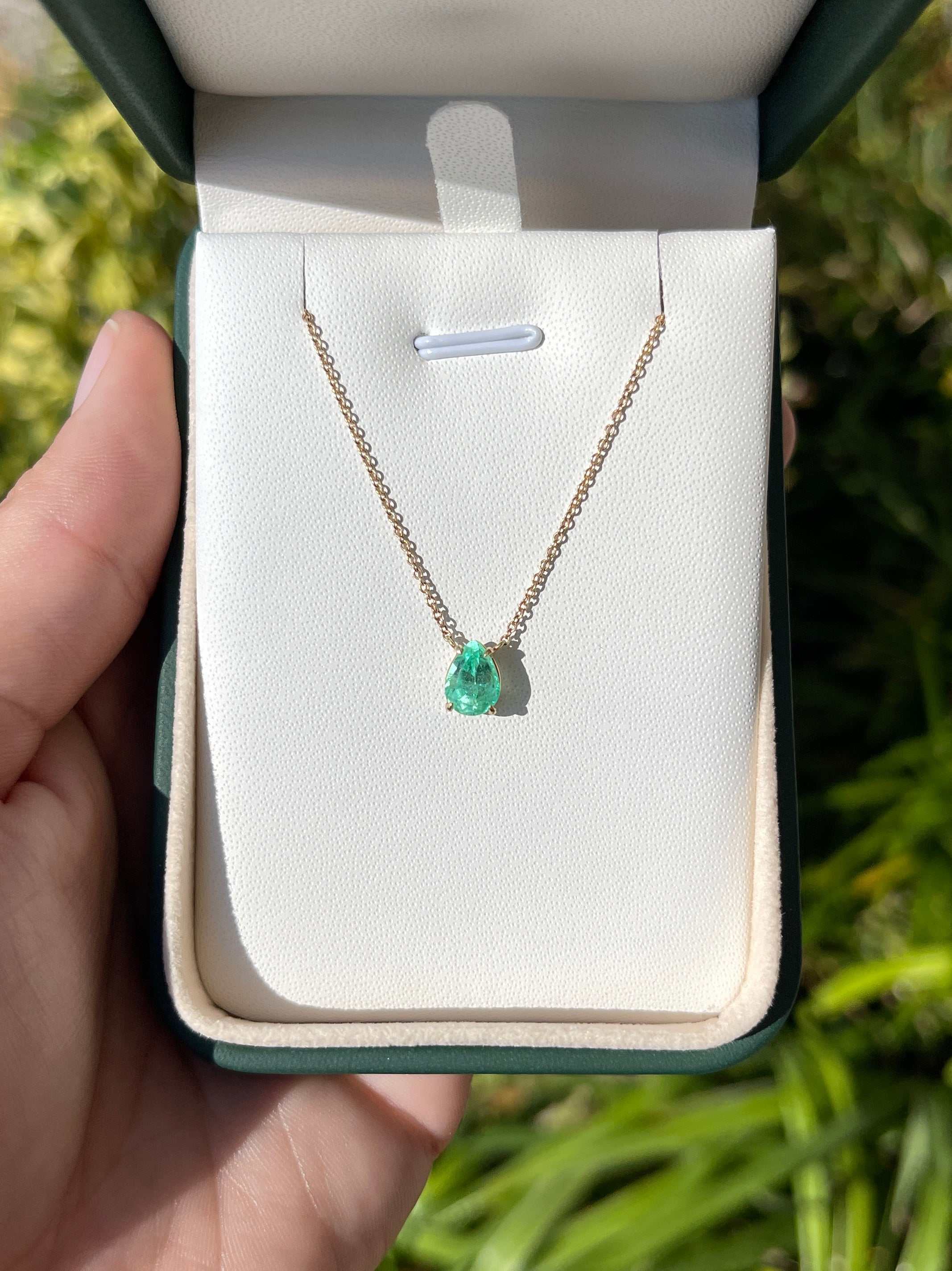 1.07 Carat Colombian Emerald Pear Solitaire Necklace 14K - JR Colombian Emeralds