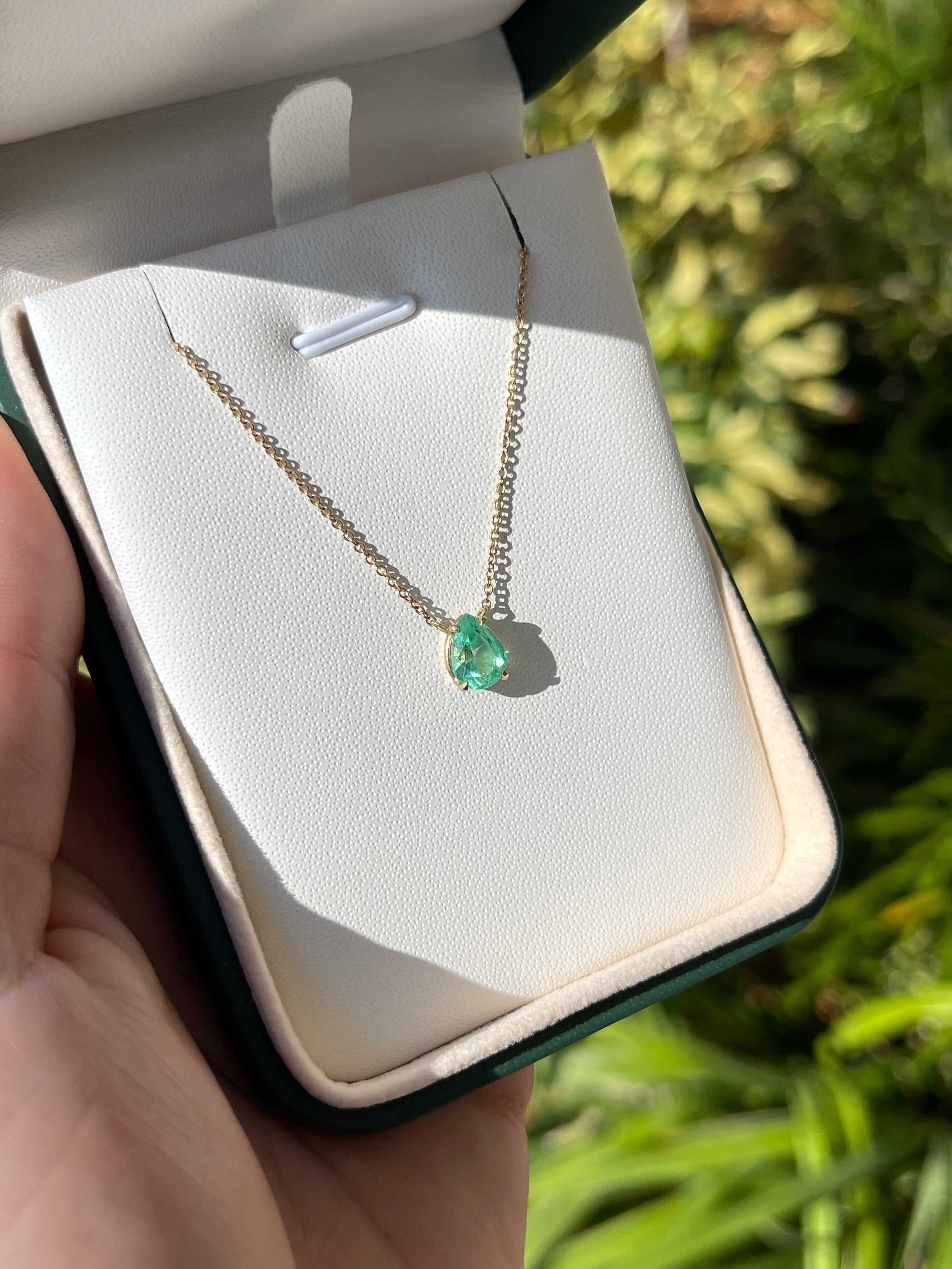 1.07 Carat Colombian Emerald Pear Solitaire Necklace 14K - JR Colombian Emeralds