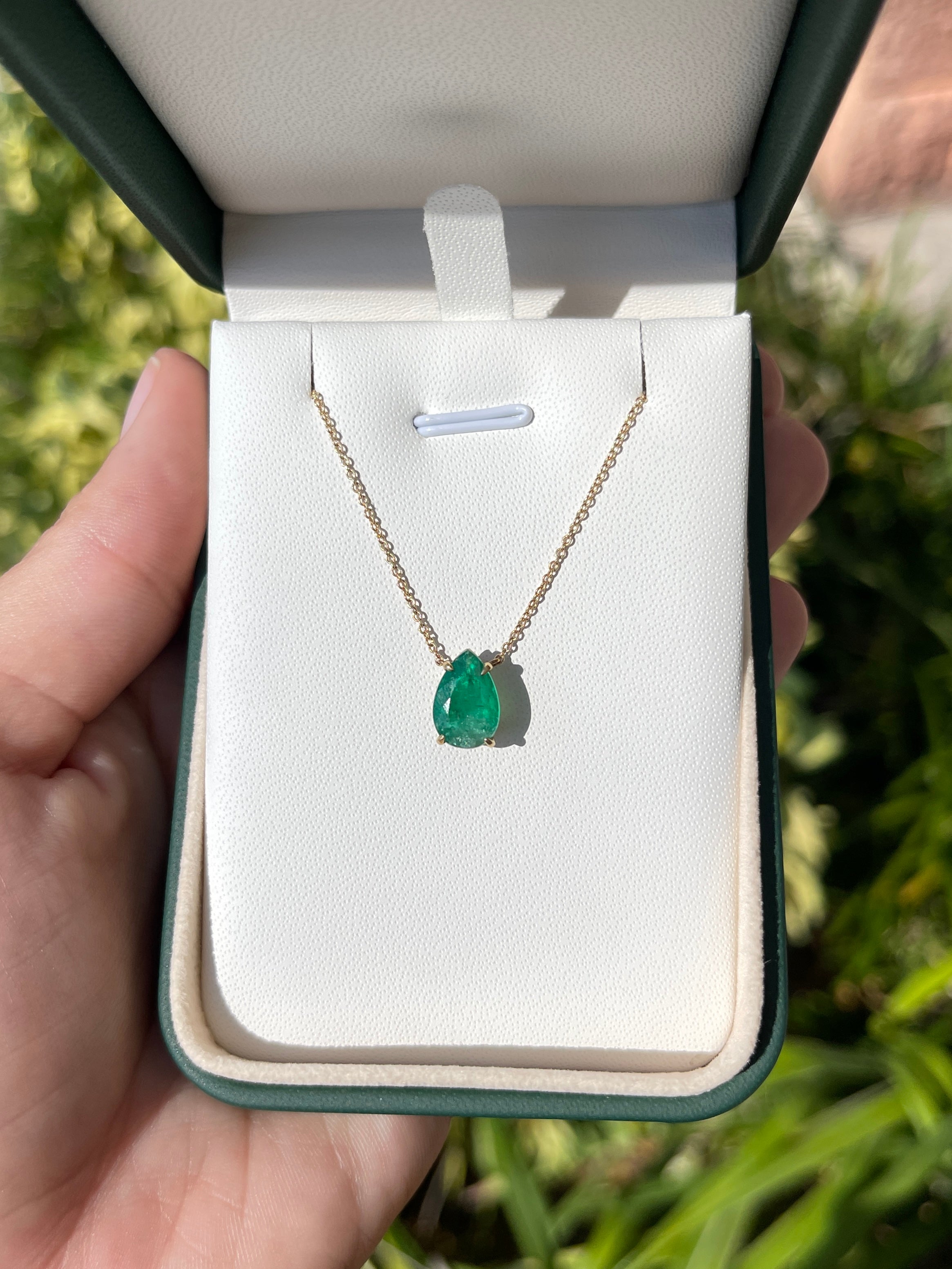 2.0 Carat Teardrop Dark Green Emerald Solitaire Stationary Pendant 14K Gold - JR Colombian Emeralds