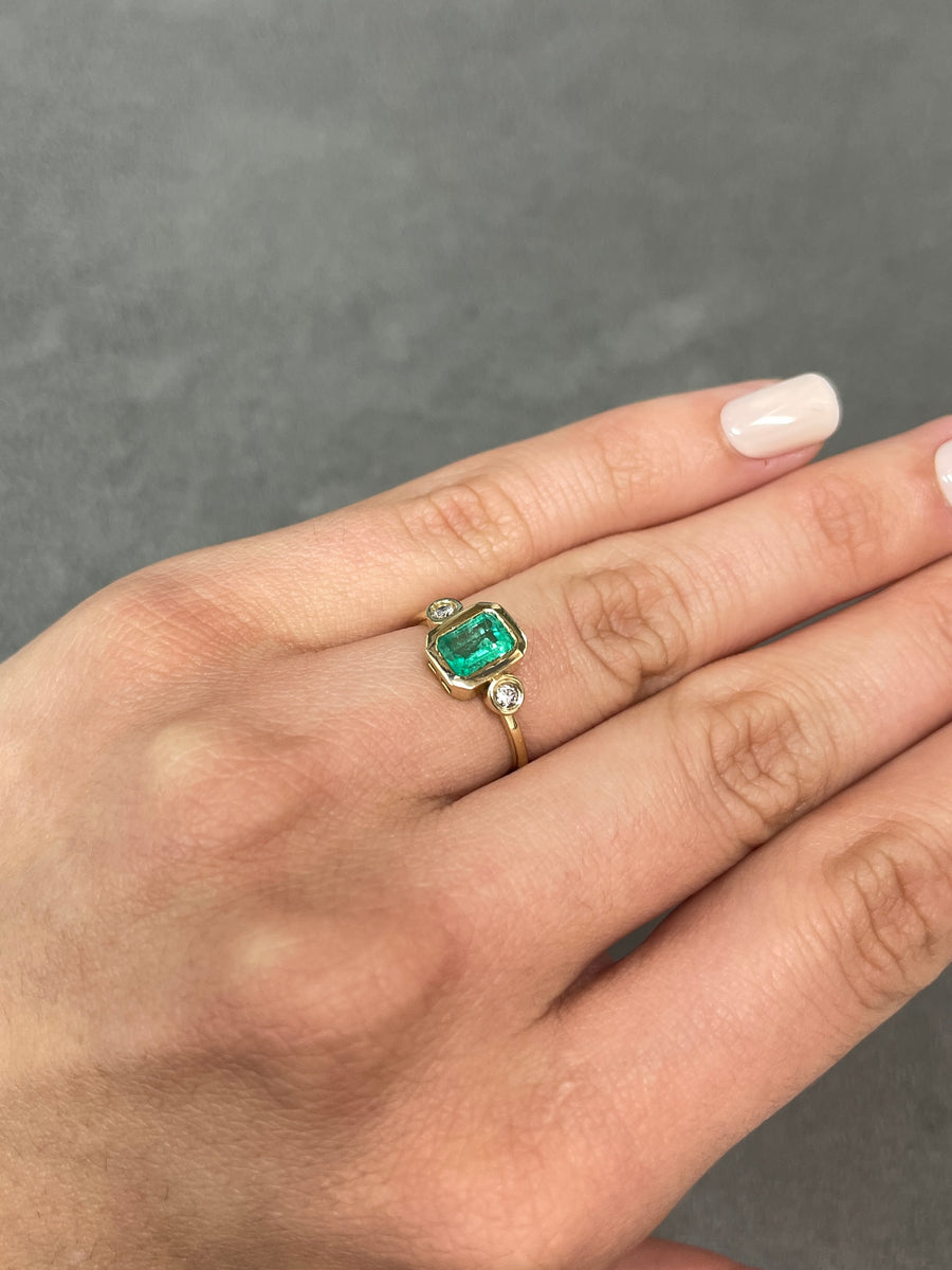 Classic Charm: Three Stone 1.20tcw Bezel Set Emerald & Diamond 14K Gold Ring