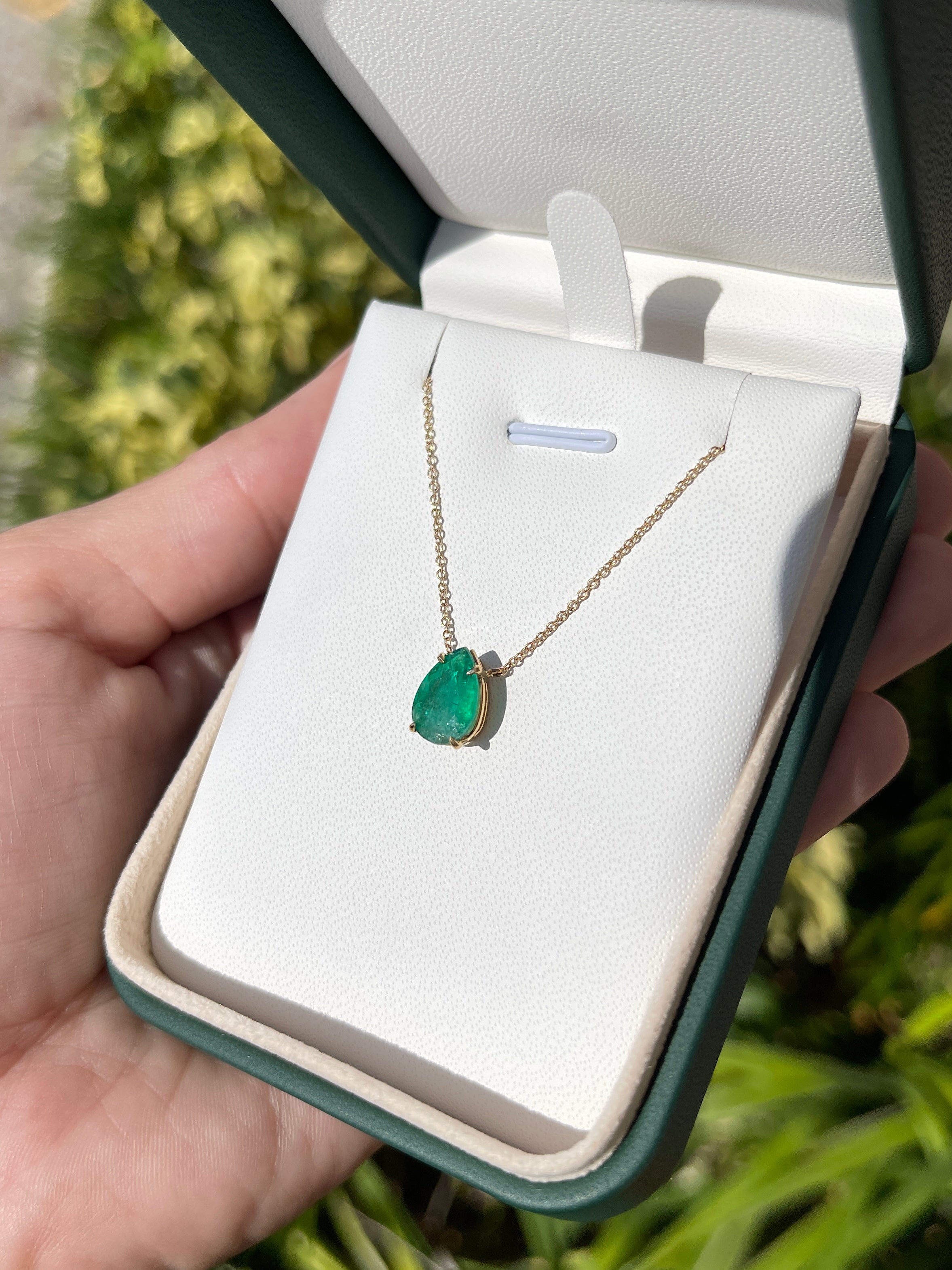 2.0 Carat Teardrop Dark Green Emerald Solitaire Stationary Pendant 14K Gold - JR Colombian Emeralds