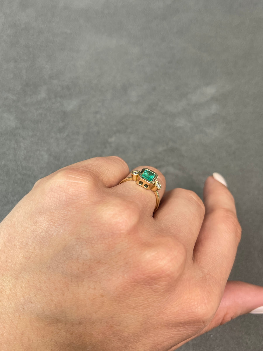 Eternal Radiance: 14K Gold Ring with 1.20tcw Bezel Set Three Stone Emerald & Diamond Brilliance