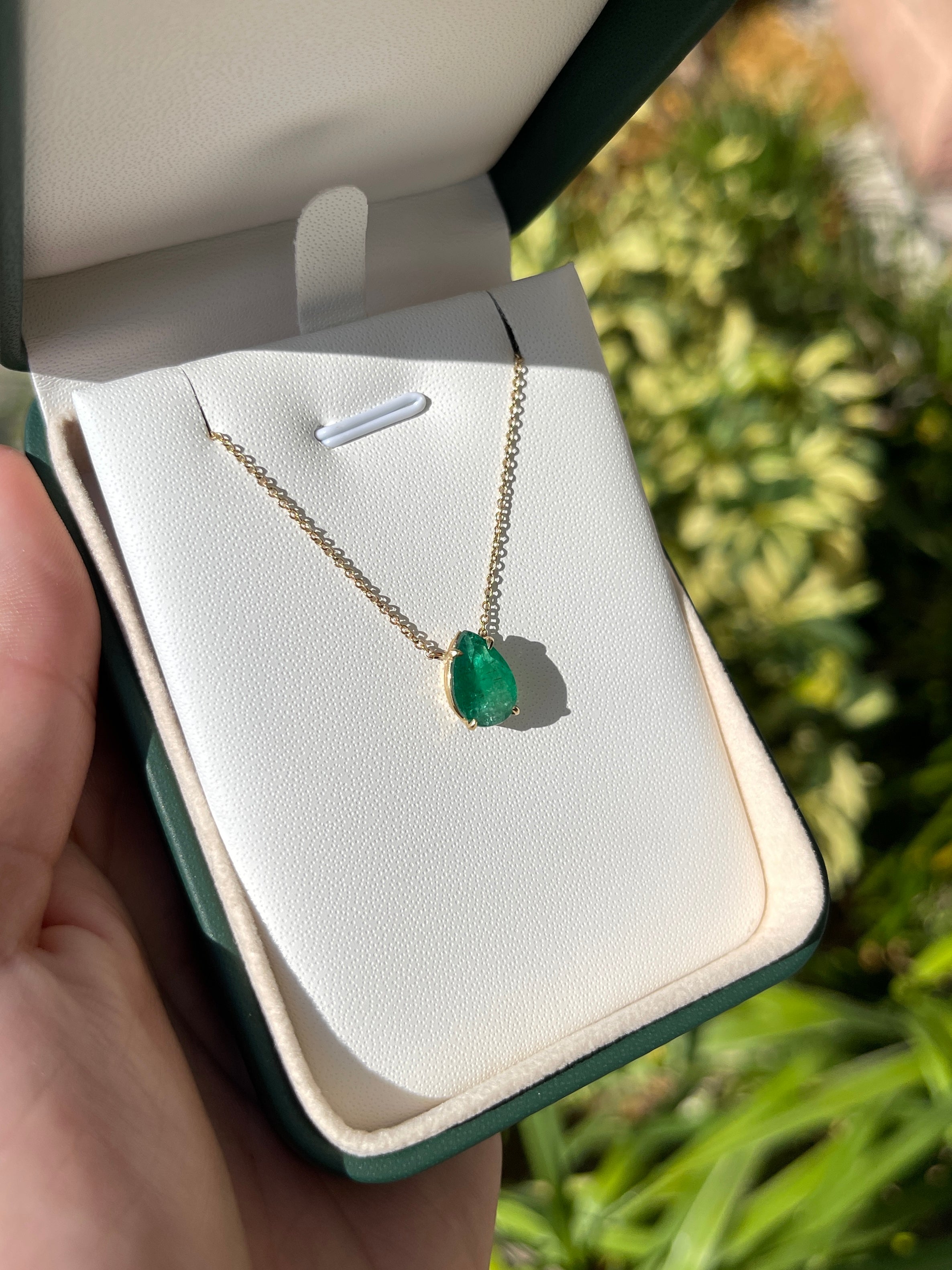 2.0 Carat Teardrop Dark Green Emerald Solitaire Stationary Pendant 14K Gold - JR Colombian Emeralds