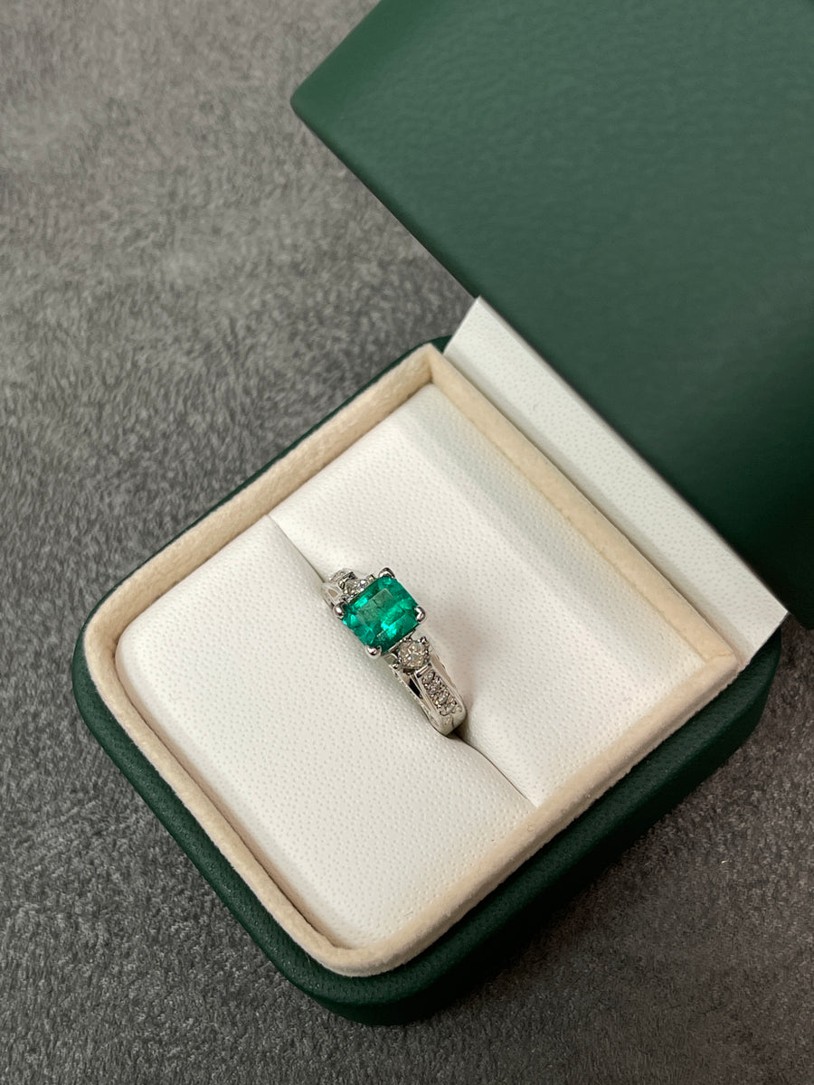 1.40tcw Asscher Colombian Emerald & Princess Cut Diamond Brilliant Round Engagement Ring 14K