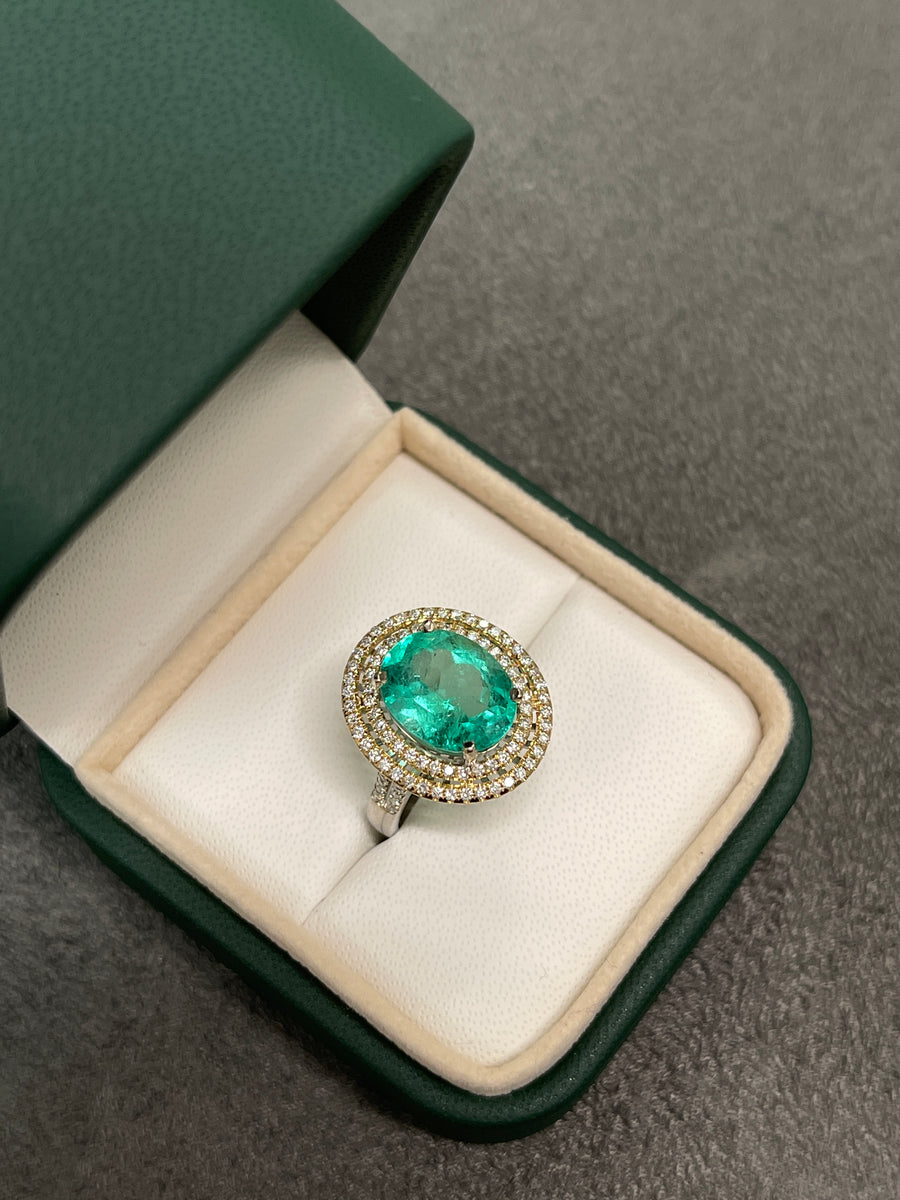 Natural Emerald Oval & Diamond Halo Ring Gold 18K