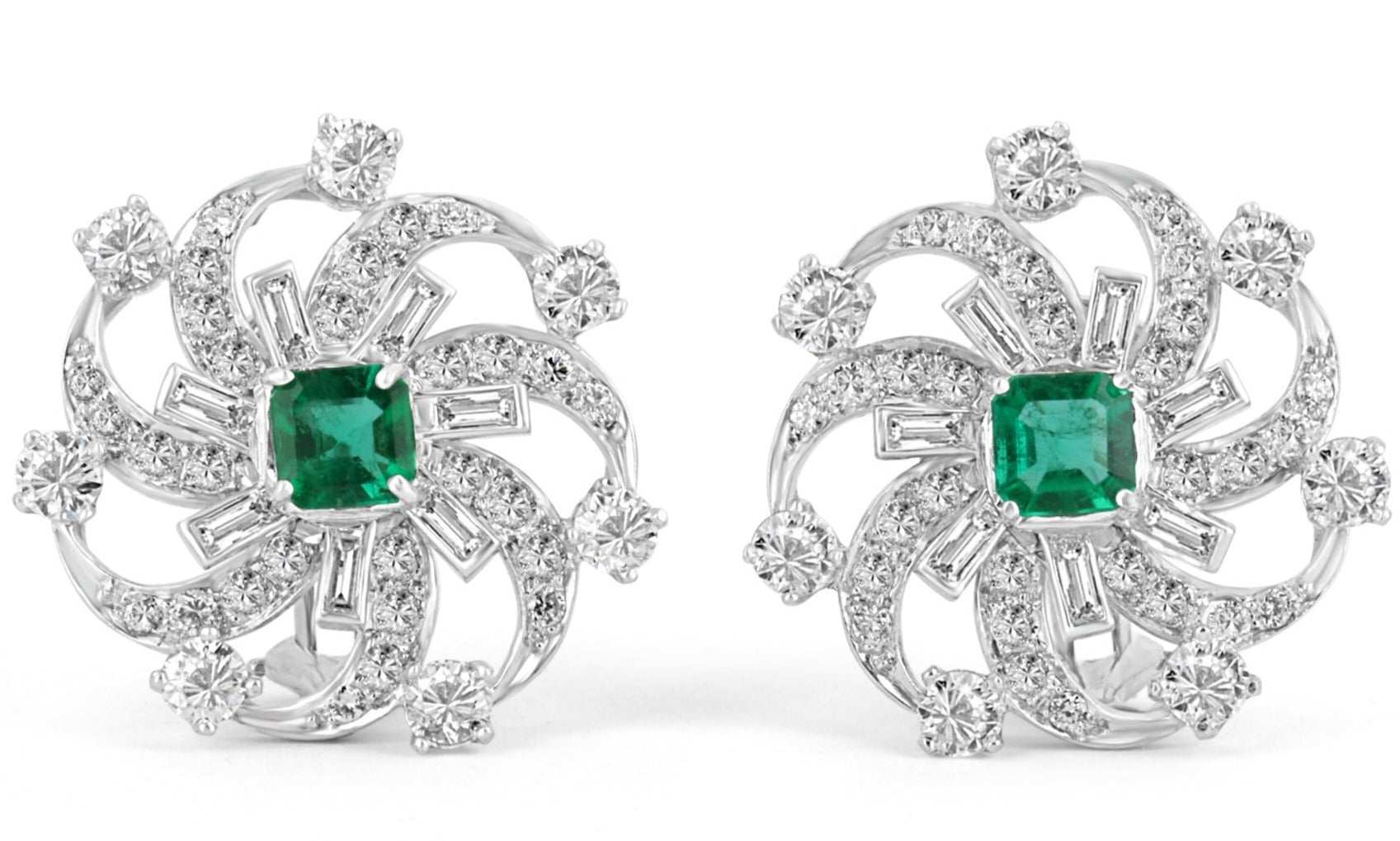 6.70tcw Platinum Fine Quality Emerald & Diamond Spiral Statement Earrings - JR Colombian Emeralds