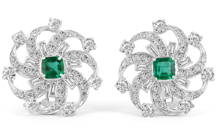 6.70tcw Platinum Fine Quality Emerald & Diamond Spiral Statement Earrings